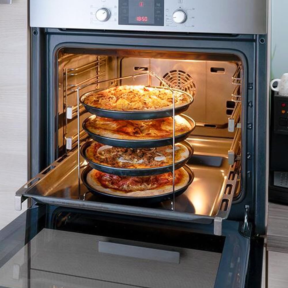 Set 4 teglie pizza 28 cm antiaderenti con supporto forno in acciaio