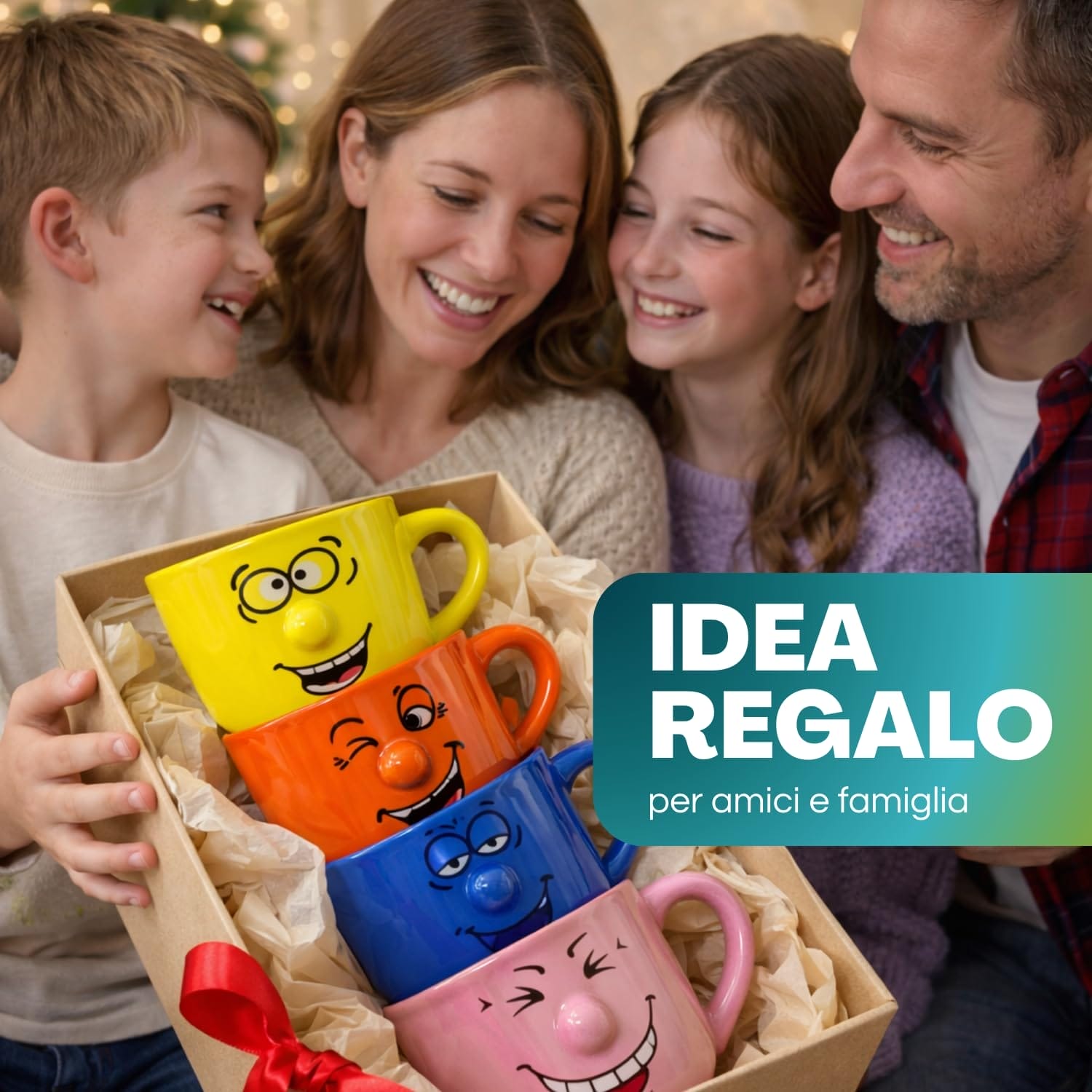 Set tazze colazione colorate con faccine per latte cappuccino e bevande calde