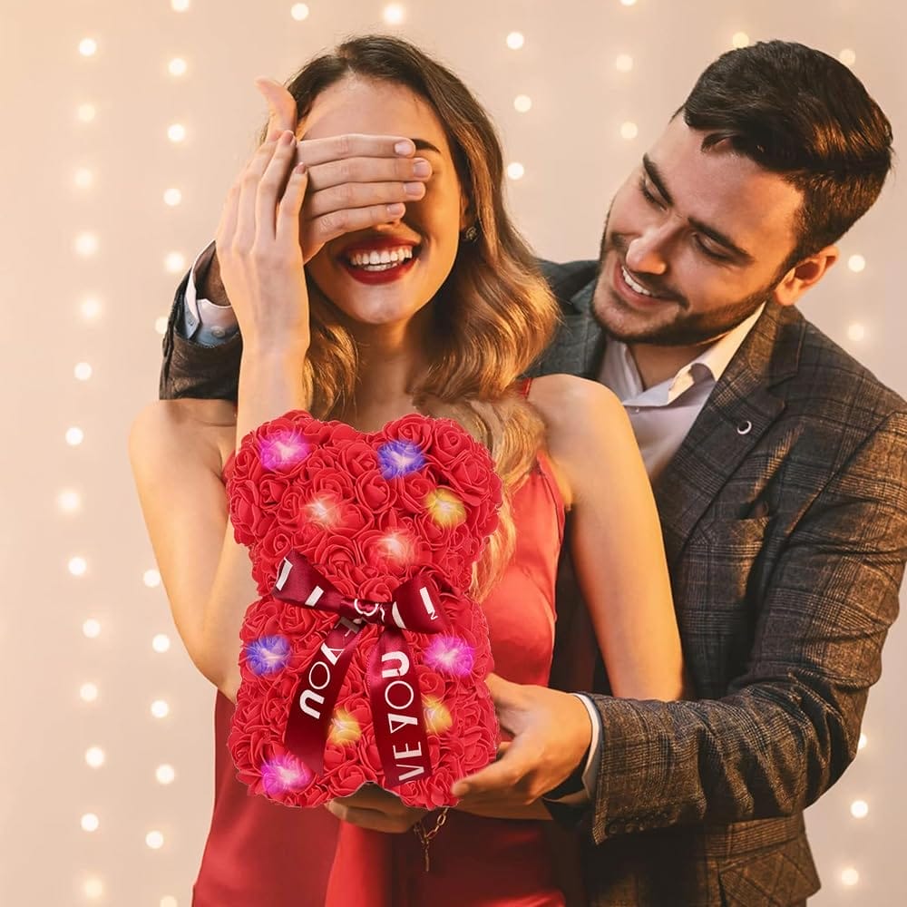 Orsetto di rose rosse artificiali idea regalo per fidanzata o moglie