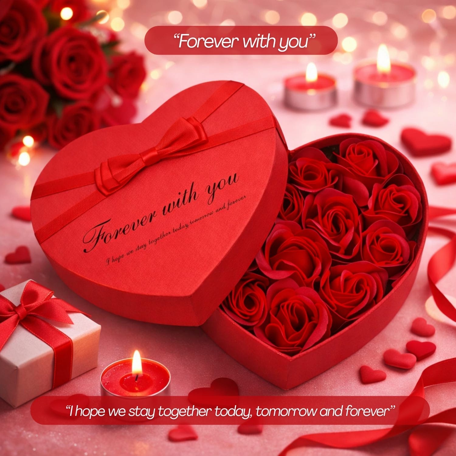 scatola a forma di cuore frase Cofanetto cuore rosso Forever with you con rose decorative