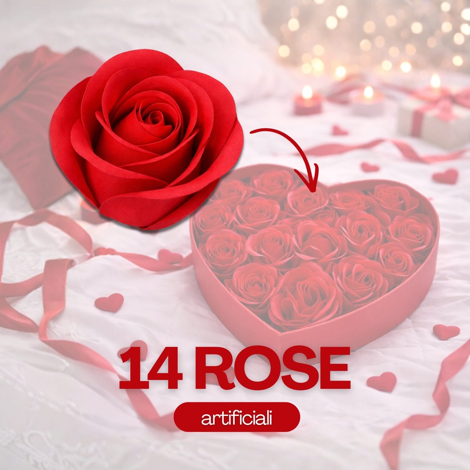 Dettaglio rose rosse artificiali effetto velluto nella scatola cuore