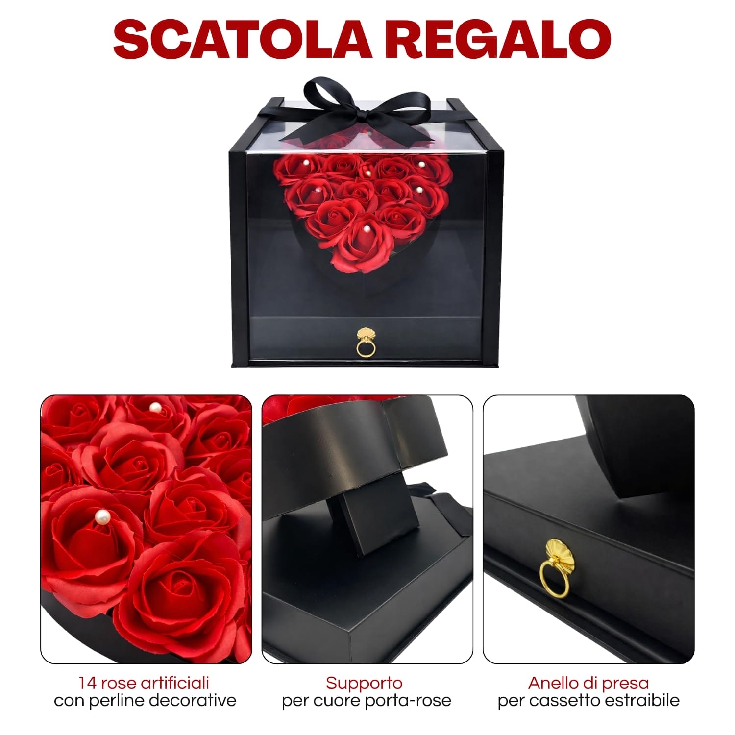 Dettagli cofanetto regalo con 14 rose artificiali, supporto cuore porta rose e anello di presa del cassetto