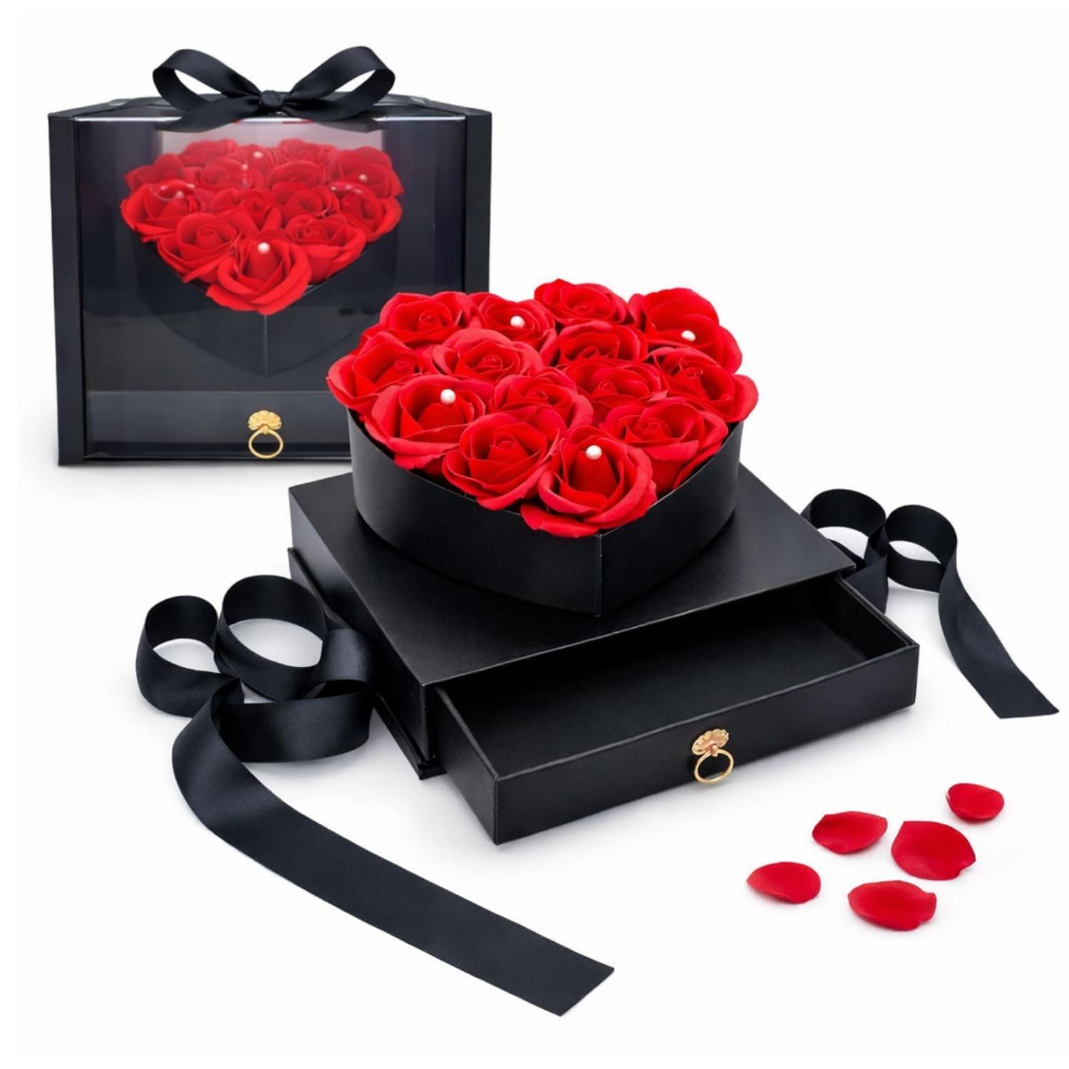 principale-box-san-valentino Cofanetto regalo per san valentino nero con 14 rose artificiali rosse a forma di cuore e cassetto porta sorprese, box regalo