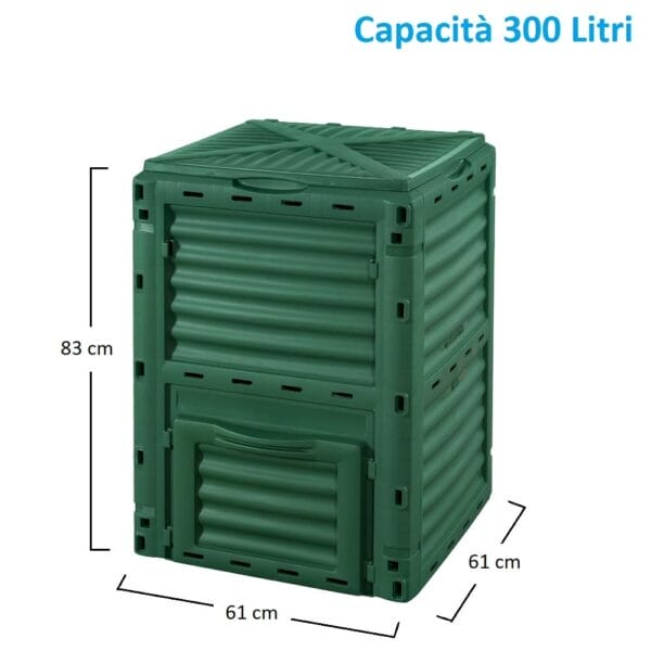 Compostiera Da Giardino 300 Litri Verde - 83x61x61 Cm, Chiusa, In Plastica Resistente - Foto 9
