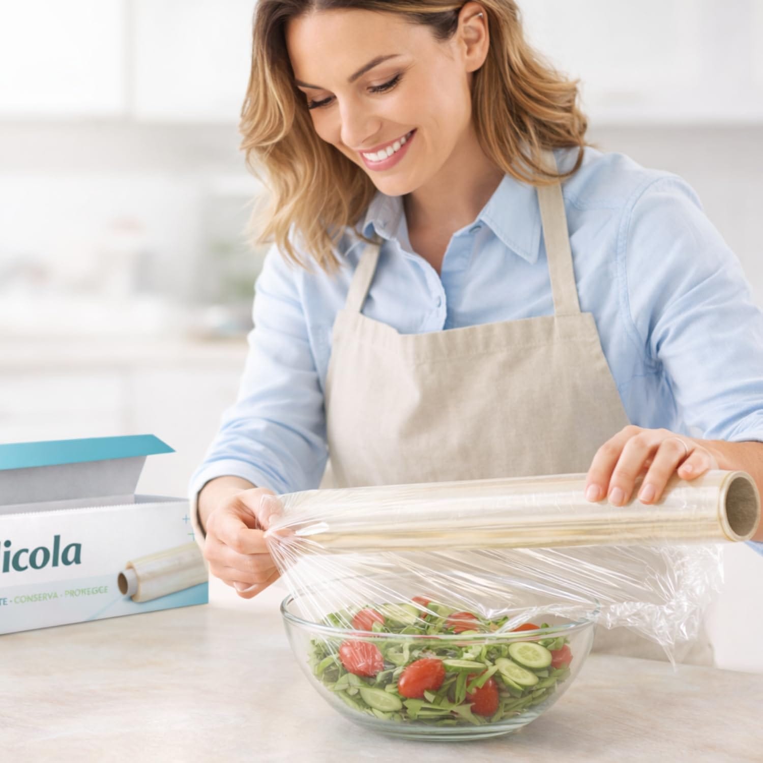 Pellicola trasparente alimentare in uso su insalata fresca in cucina, pratica e resistente