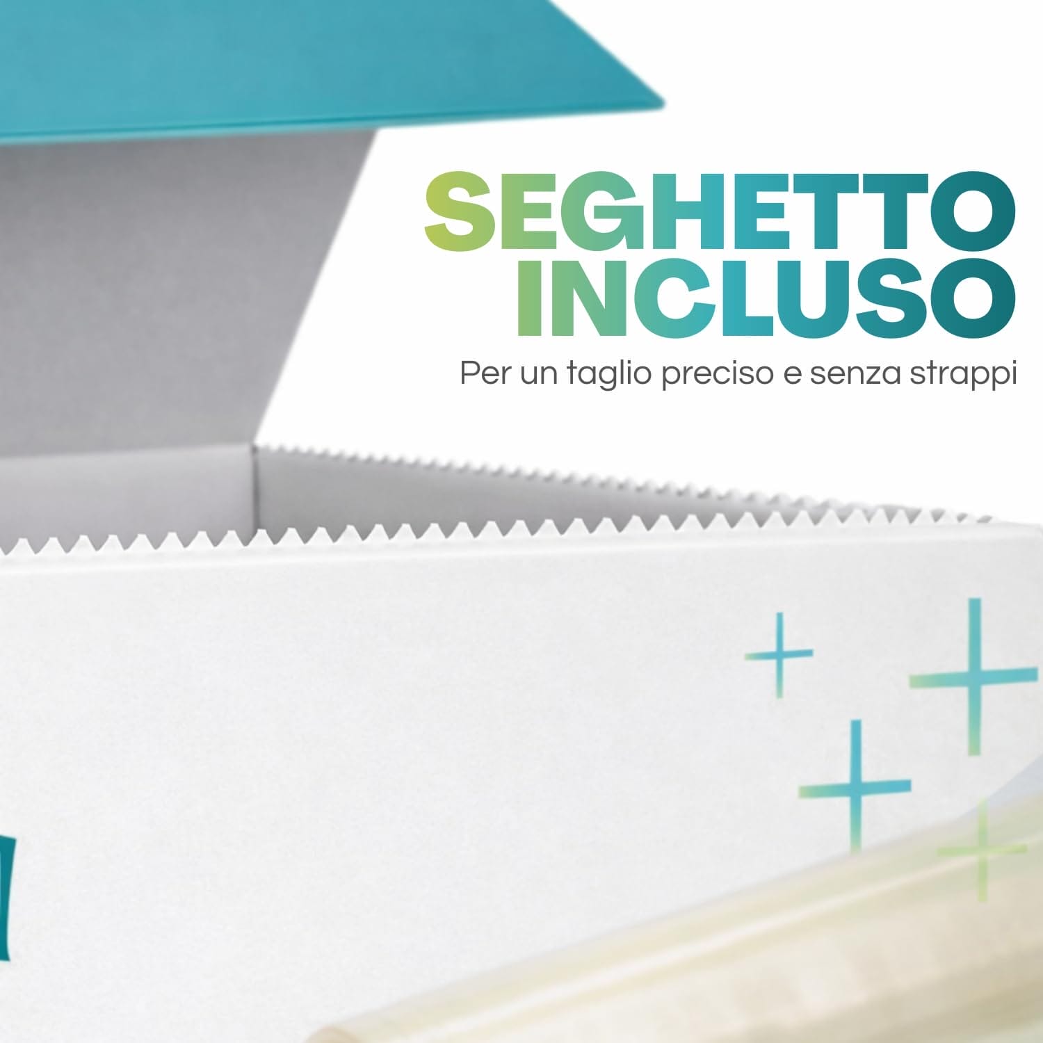 Scatola pellicola trasparente con seghetto integrato per taglio preciso senza strappi