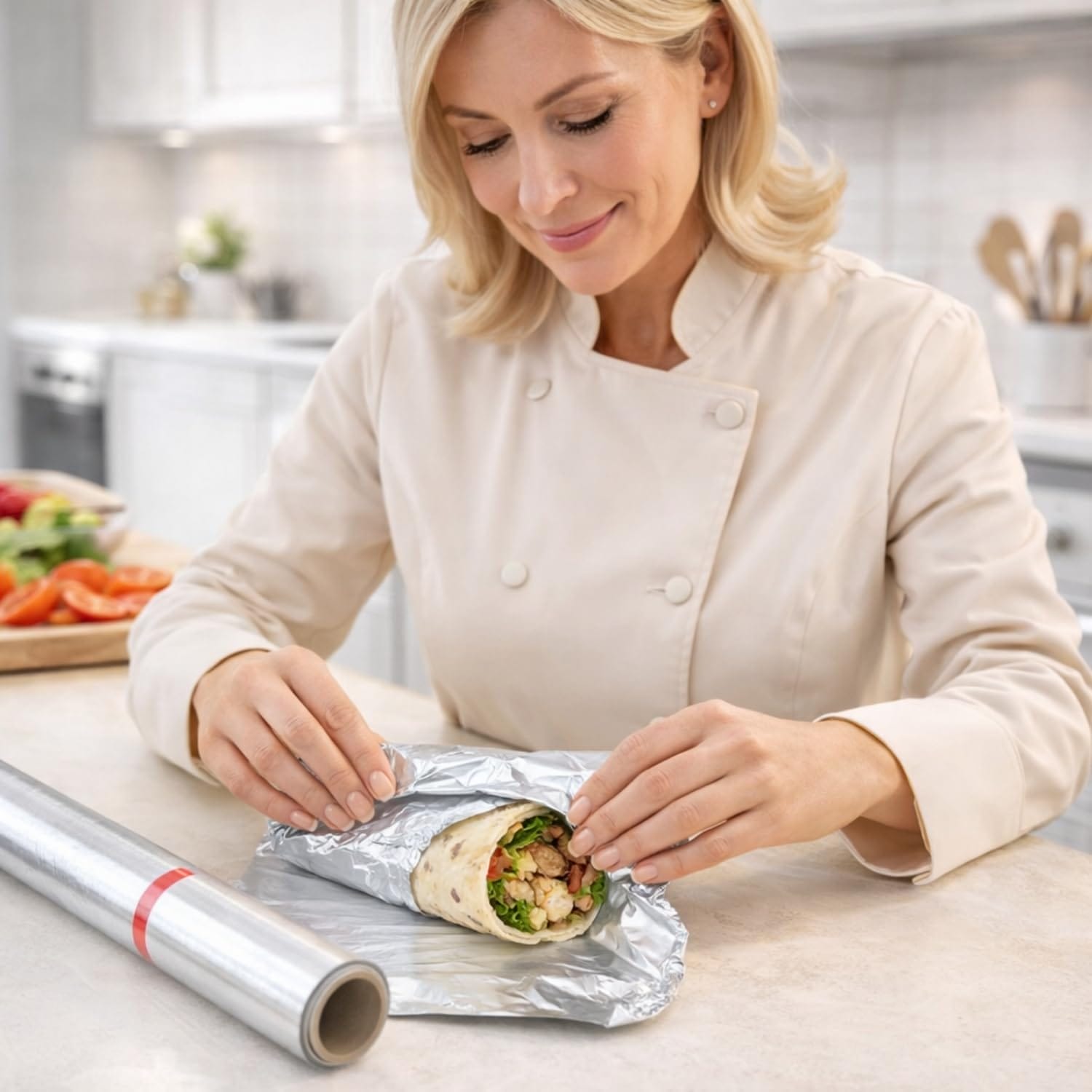 Donna avvolge wrap con rotolo di alluminio alimentare in cucina moderna