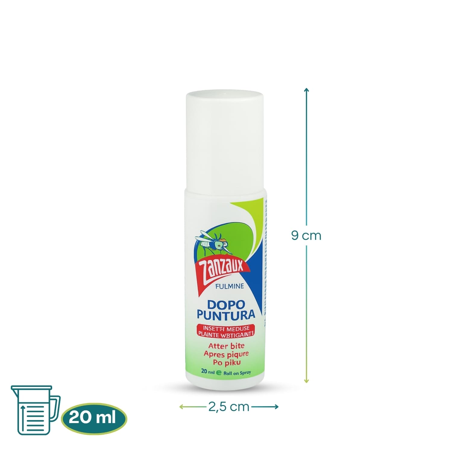 Stick dopo puntura Zanzaux Fulmine Roll-on 20ml dimensioni 9x2,5 cm per irritazioni