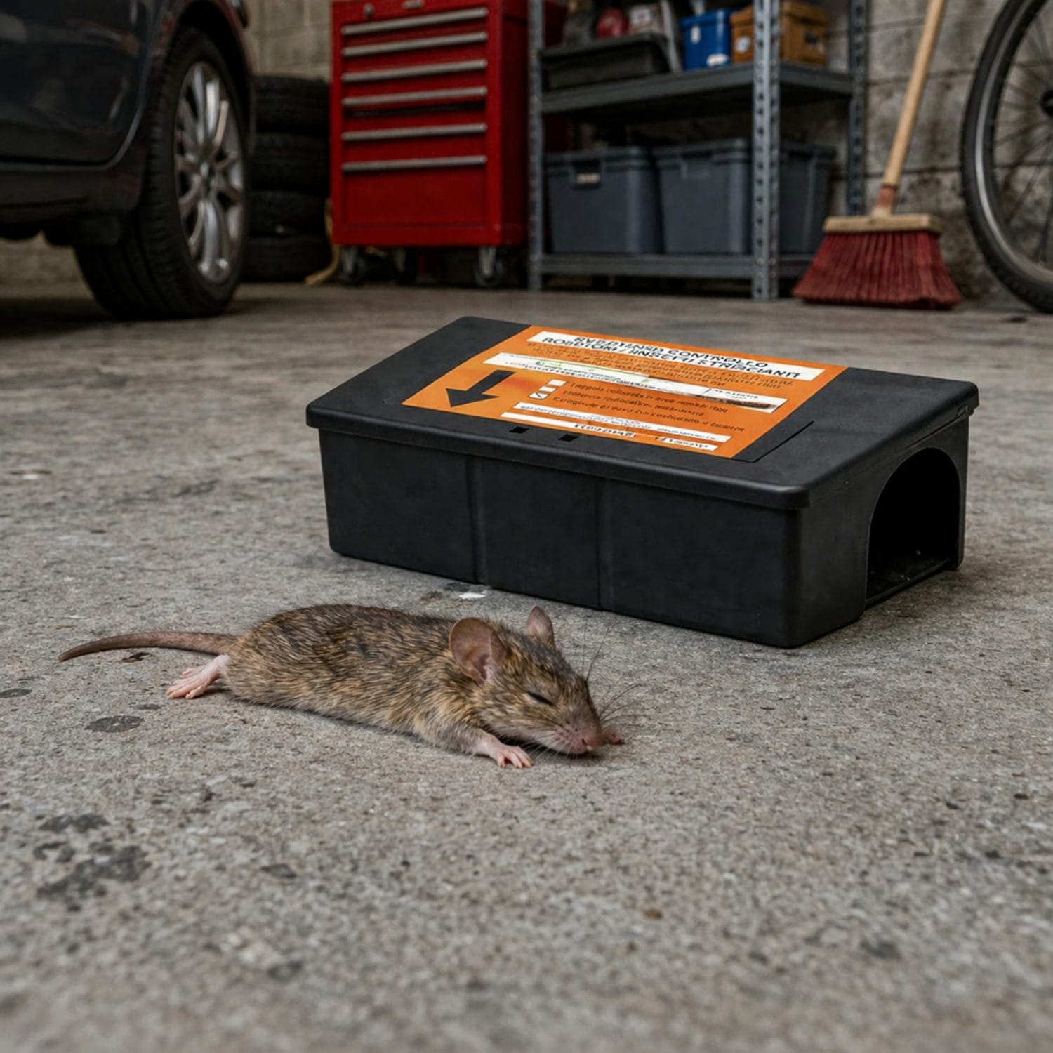 Trappola per topi con contenitore esca utilizzata in garage contro roditori