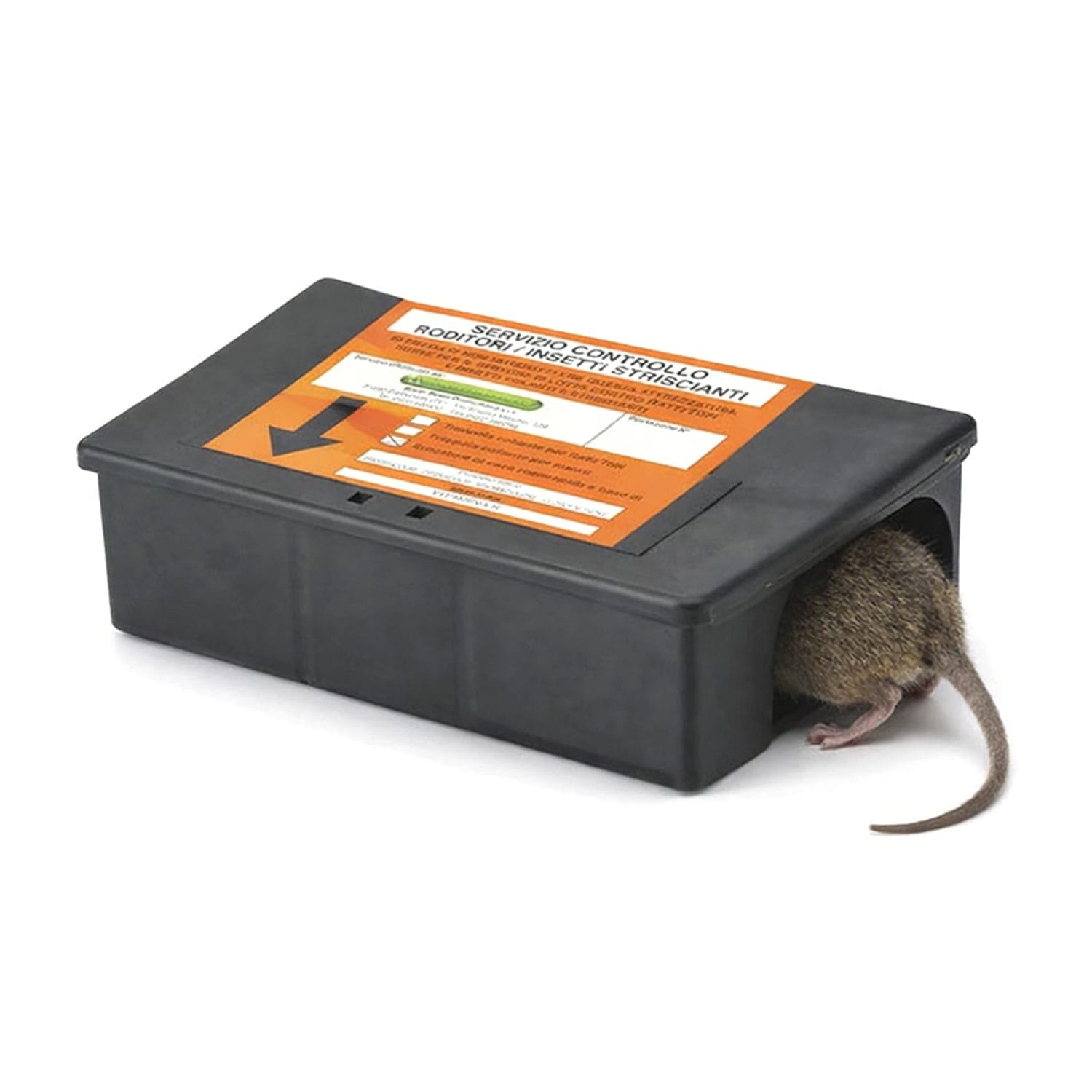 Contenitore per esche roditori con ingresso laterale per controllo topi
