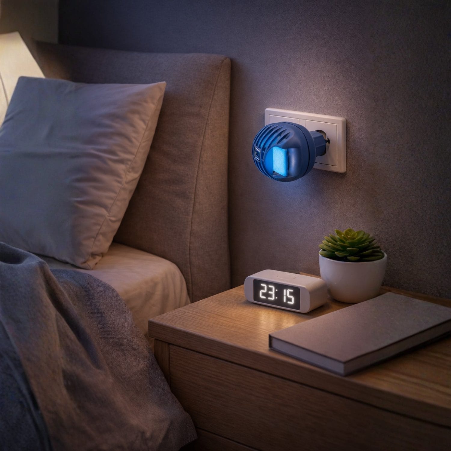 Diffusore elettrico antizanzare con piastrina inserita collegato alla presa in camera da letto