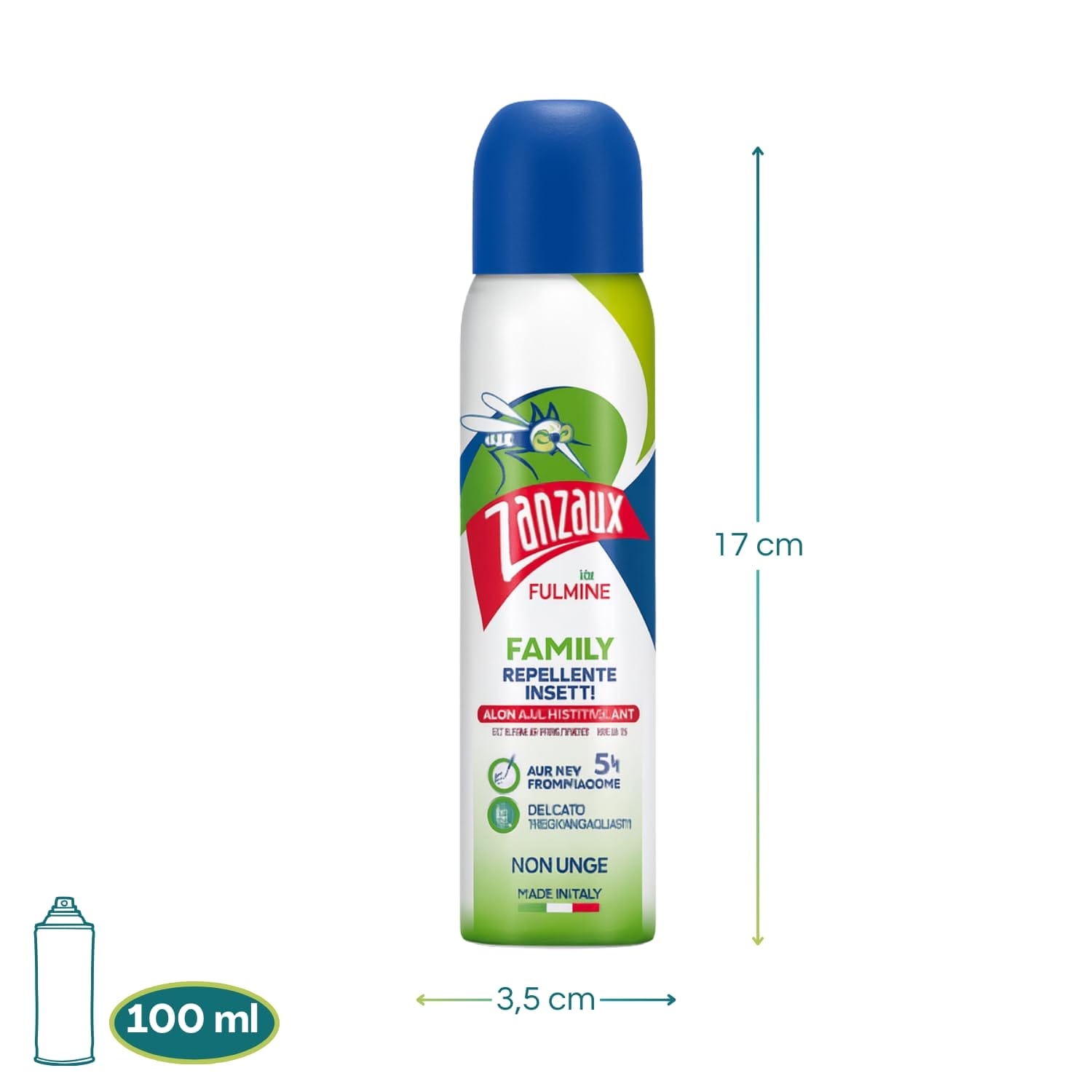 Spray repellente Zanzaux Family 100ml dimensioni 17x3,5 cm, delicato e non unge