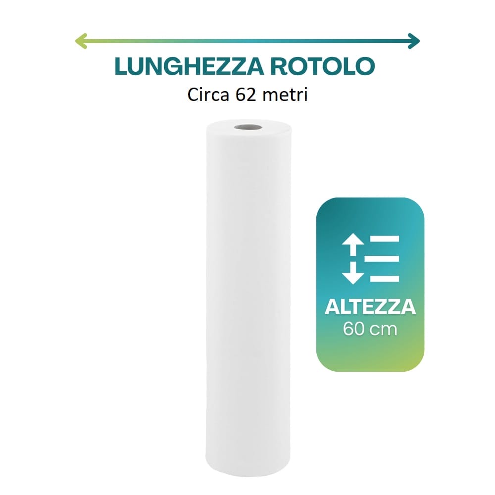 Rotolo lenzuolino medico monouso 2 veli 60 cm x 62 m in pura cellulosa imbustato singolarmente