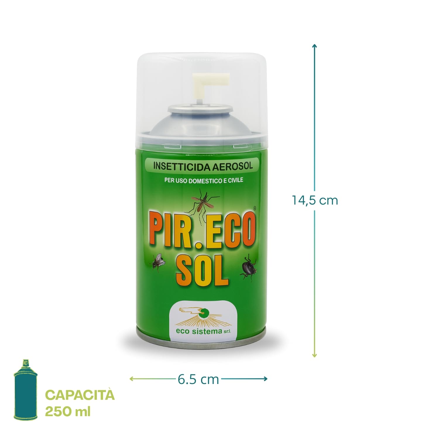 Bomboletta insetticida Pir.Eco Sol da 250 ml, dimensioni 14,5x6,5 cm per uso domestico
