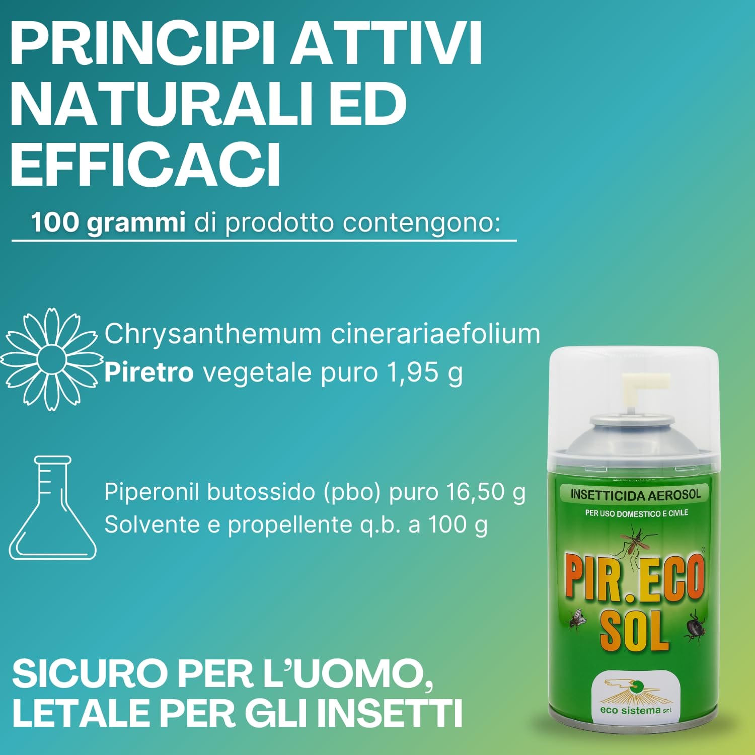 Insetticida Pir.Eco Sol con piretro vegetale e pbo, sicuro per l’uomo ed efficace sugli insetti