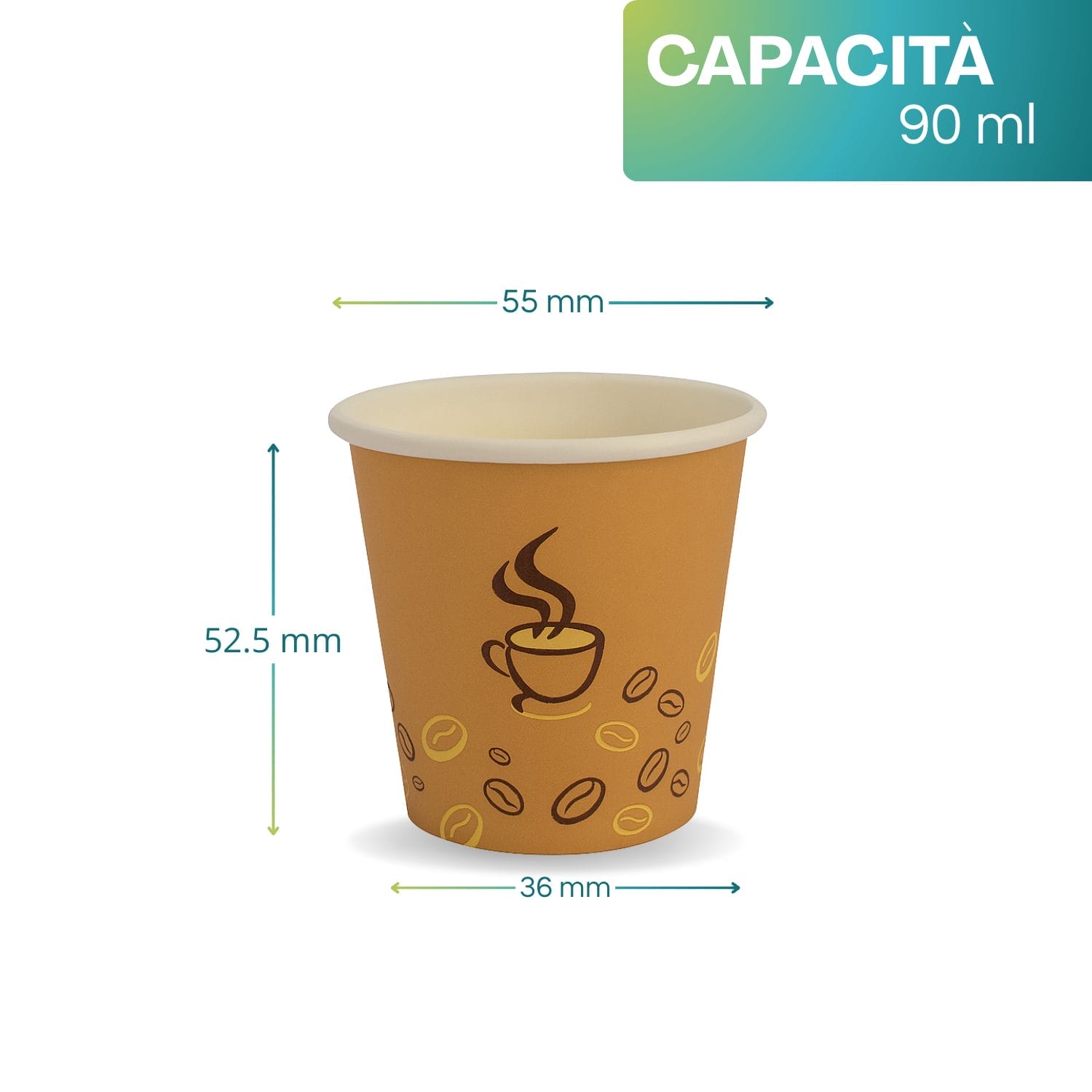Bicchiere di carta per caffè da 90 ml con grafica chicchi, misure 55x52,5 mm ideale per espresso