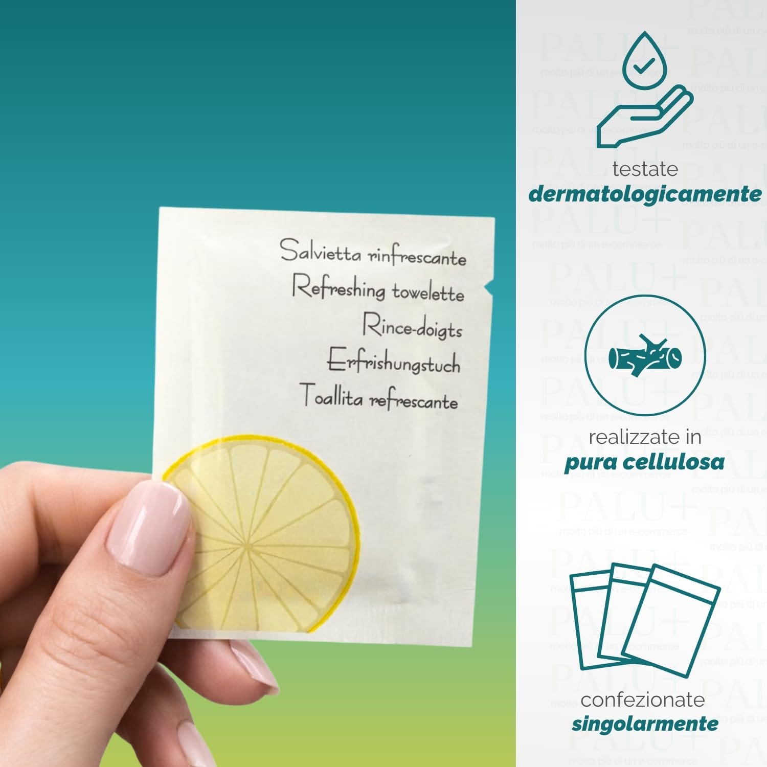 Salviette monouso al limone testate dermatologicamente in pura cellulosa confezionate singole