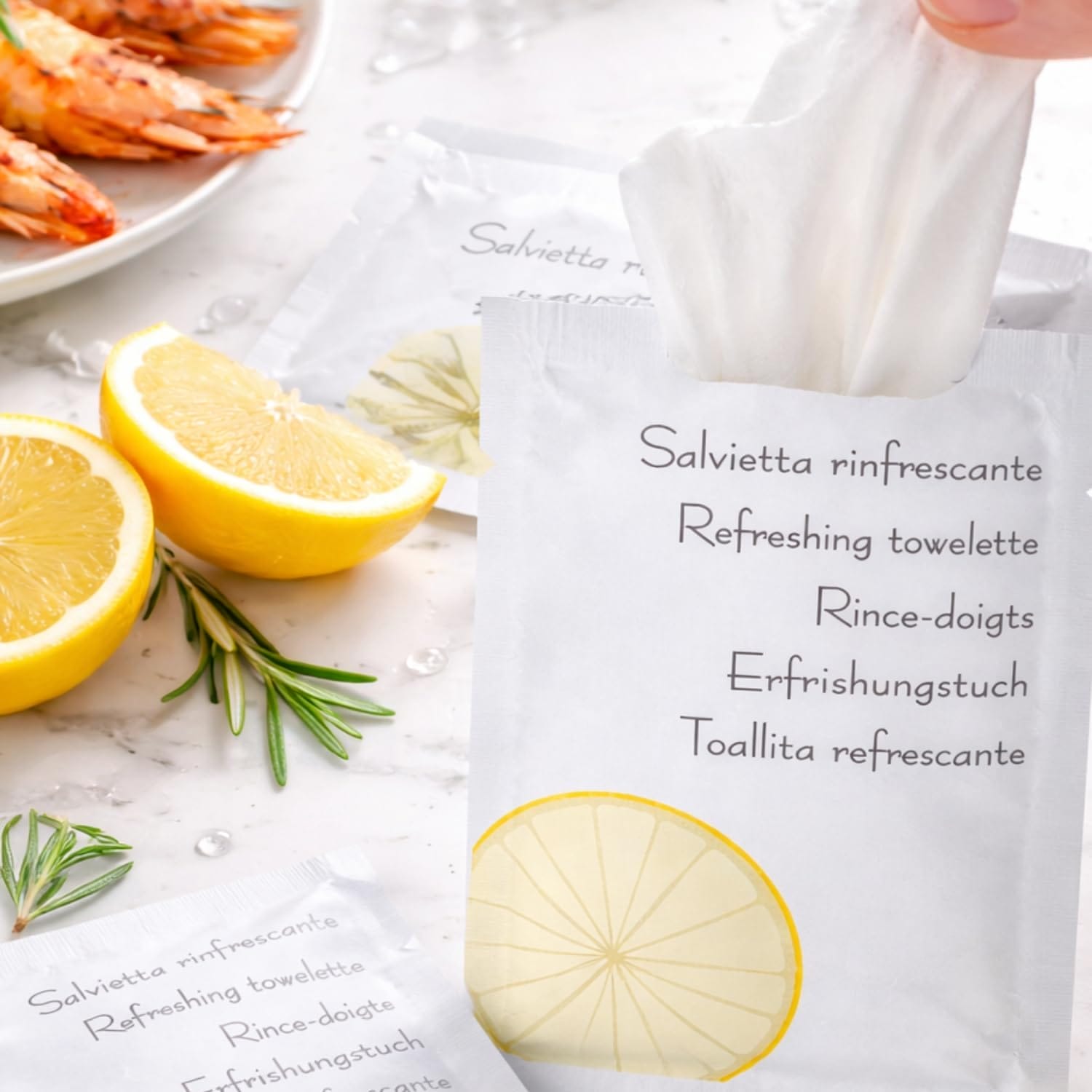 Salvietta rinfrescante al limone monouso estratta dalla confezione pratica e igienica