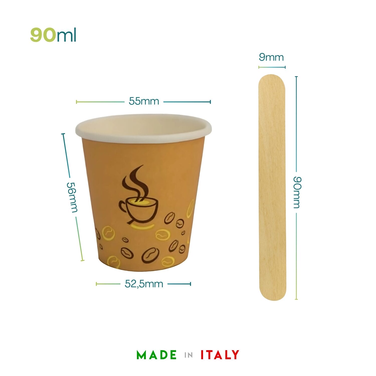 Bicchierino caffè 90ml grafica chicco con misure e paletta in legno Made in Italy