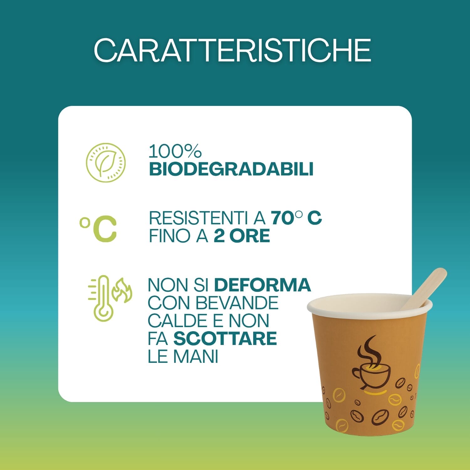 Bicchierini caffè biodegradabili chicco resistenti bevande calde fino a 70°C
