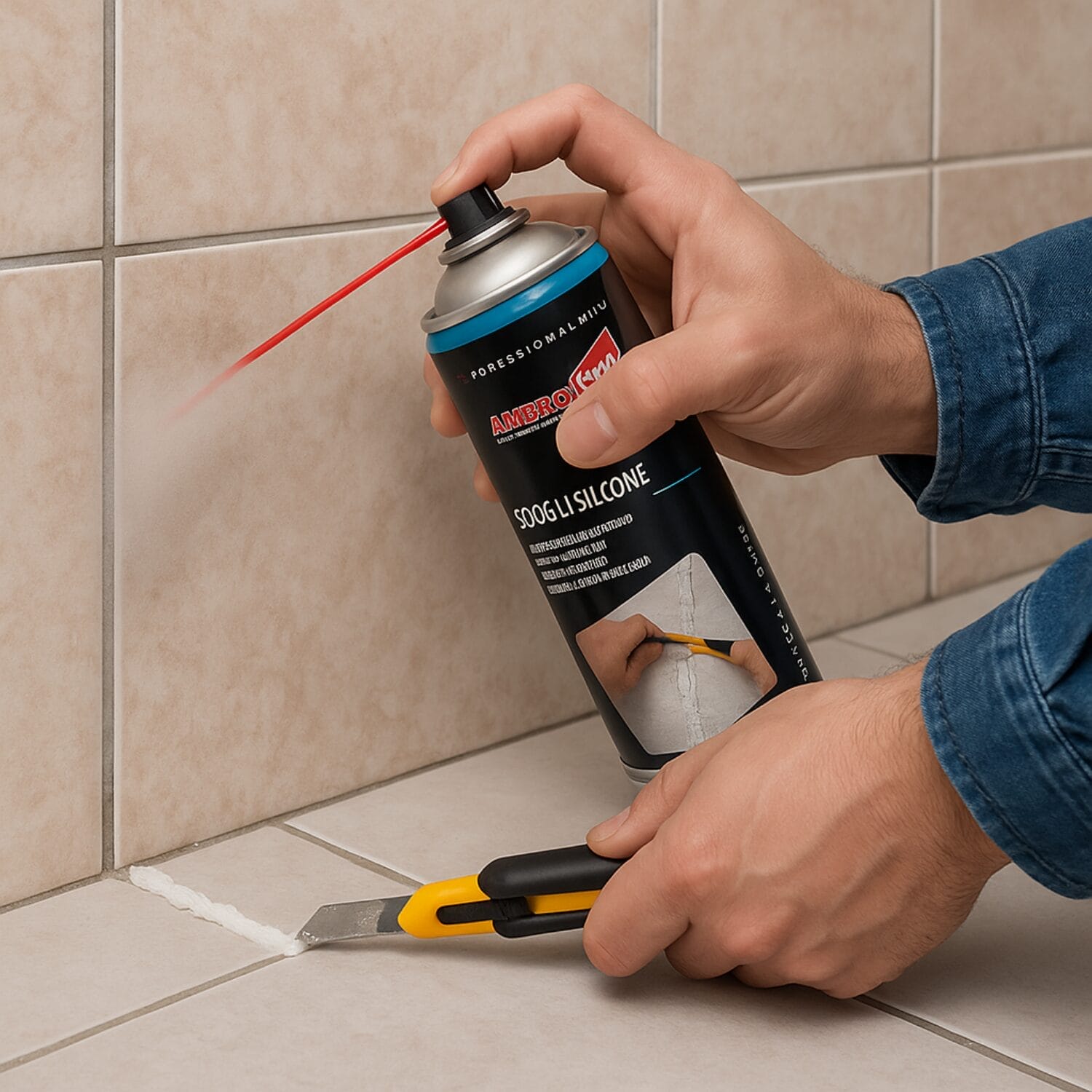 Applicazione spray sciogli silicone Ambro-Sol su piastrelle per rimozione sigillante