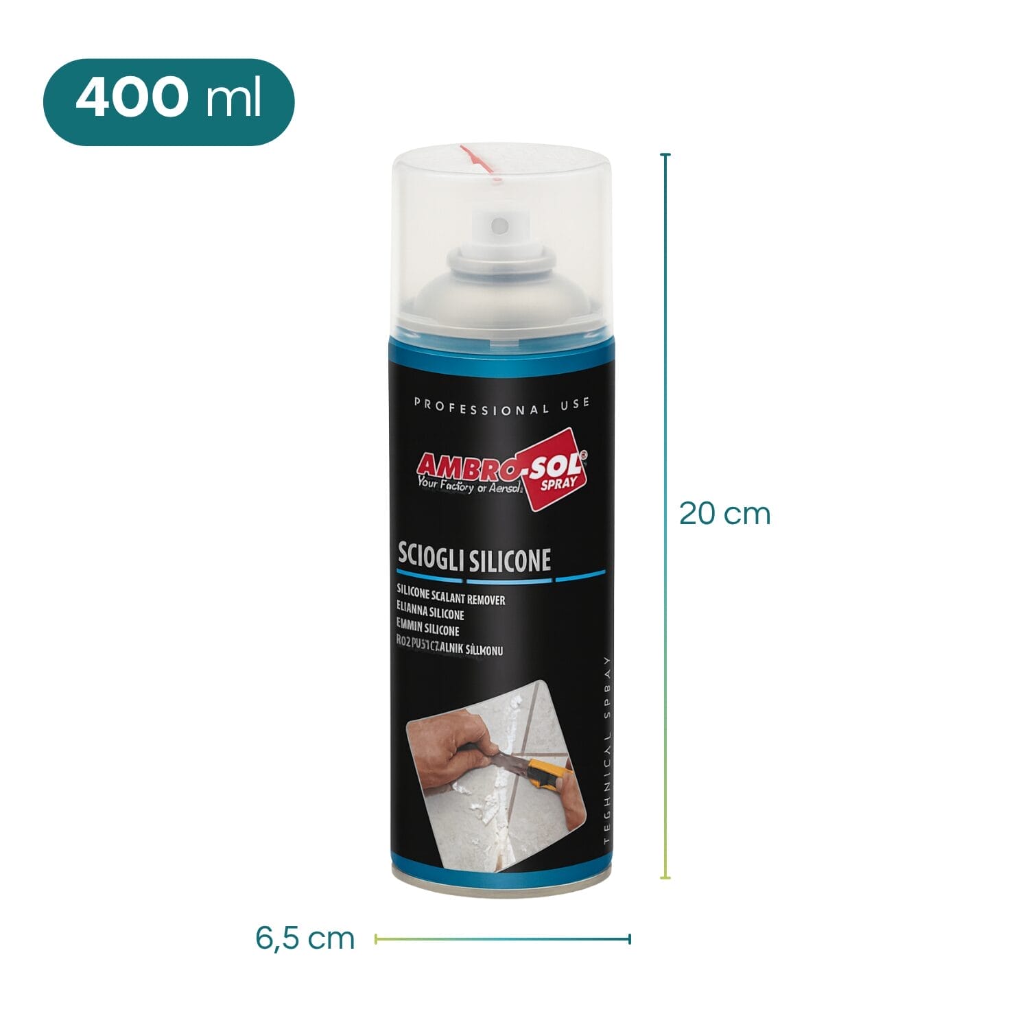 Bomboletta spray sciogli silicone Ambro-Sol 400 ml con misure 20x6,5 cm