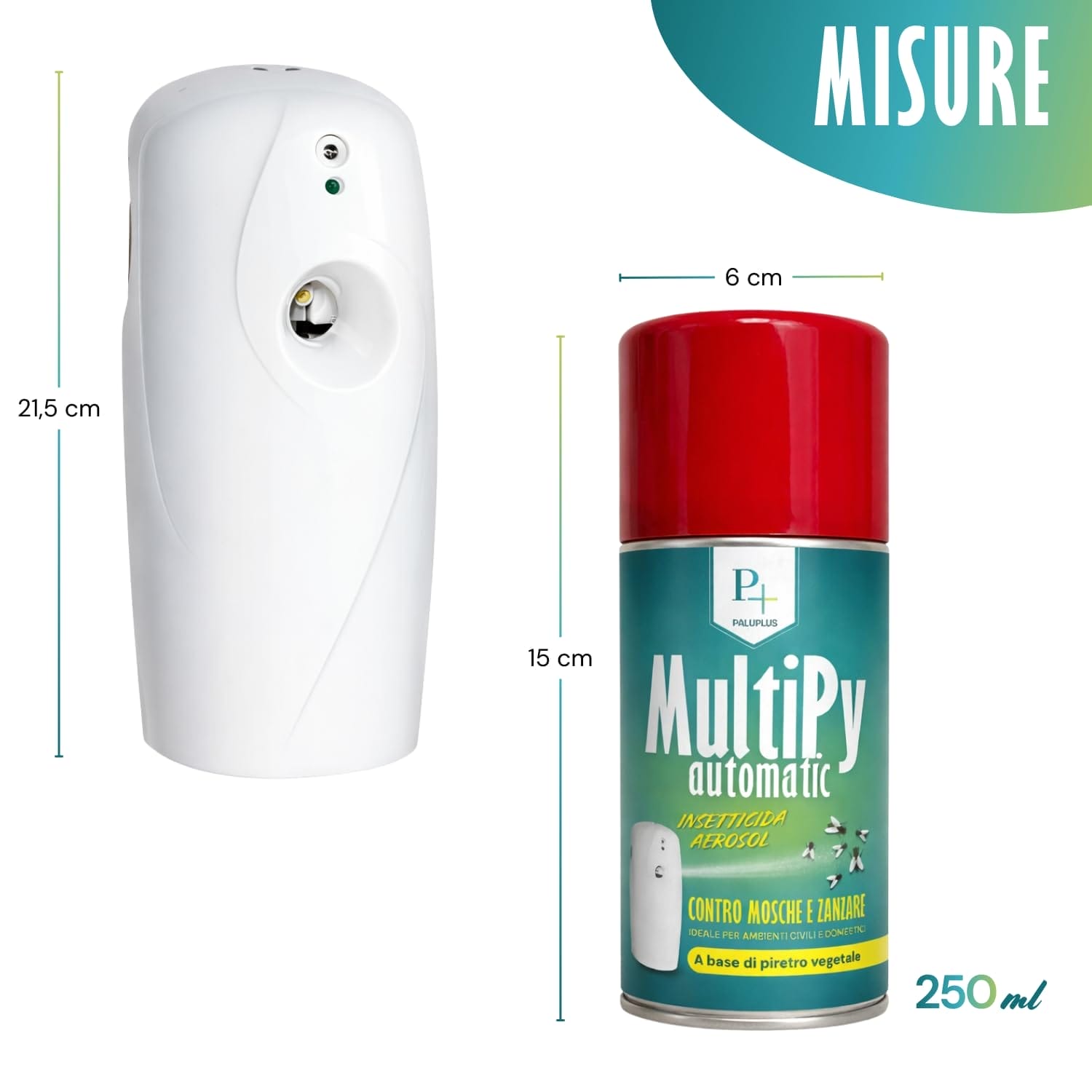 Dimensioni diffusore automatico e bomboletta insetticida MultiPy 250 ml