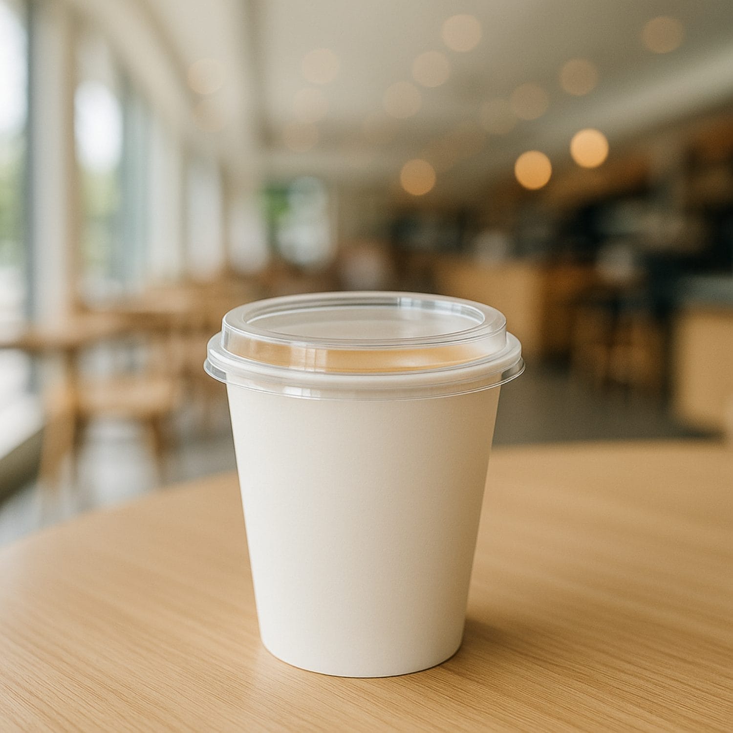 Bicchiere in carta con coperchio Paluplus posato su tavolo di caffetteria
