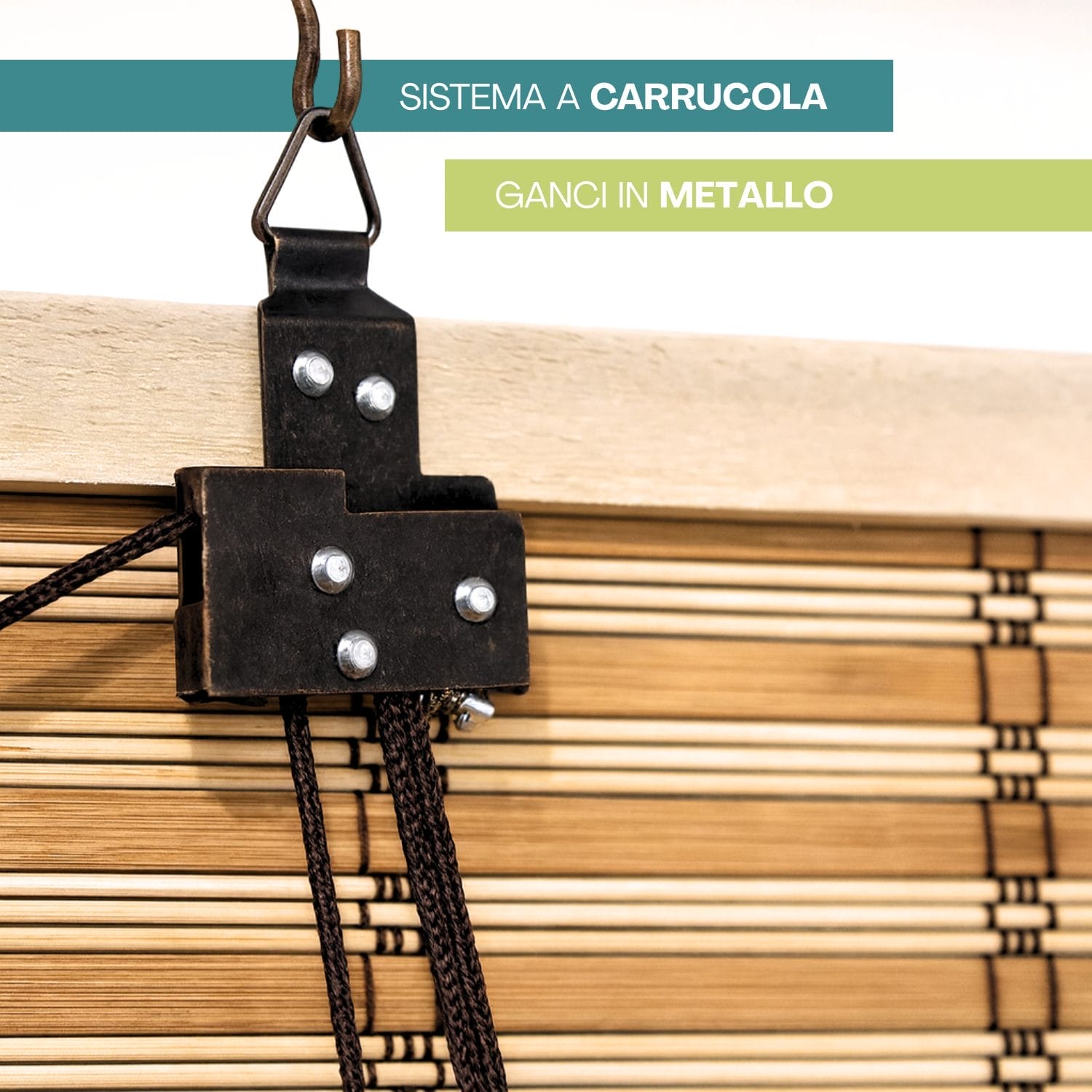 Sistema a carrucola con ganci metallici per tenda avvolgibile in bambù
