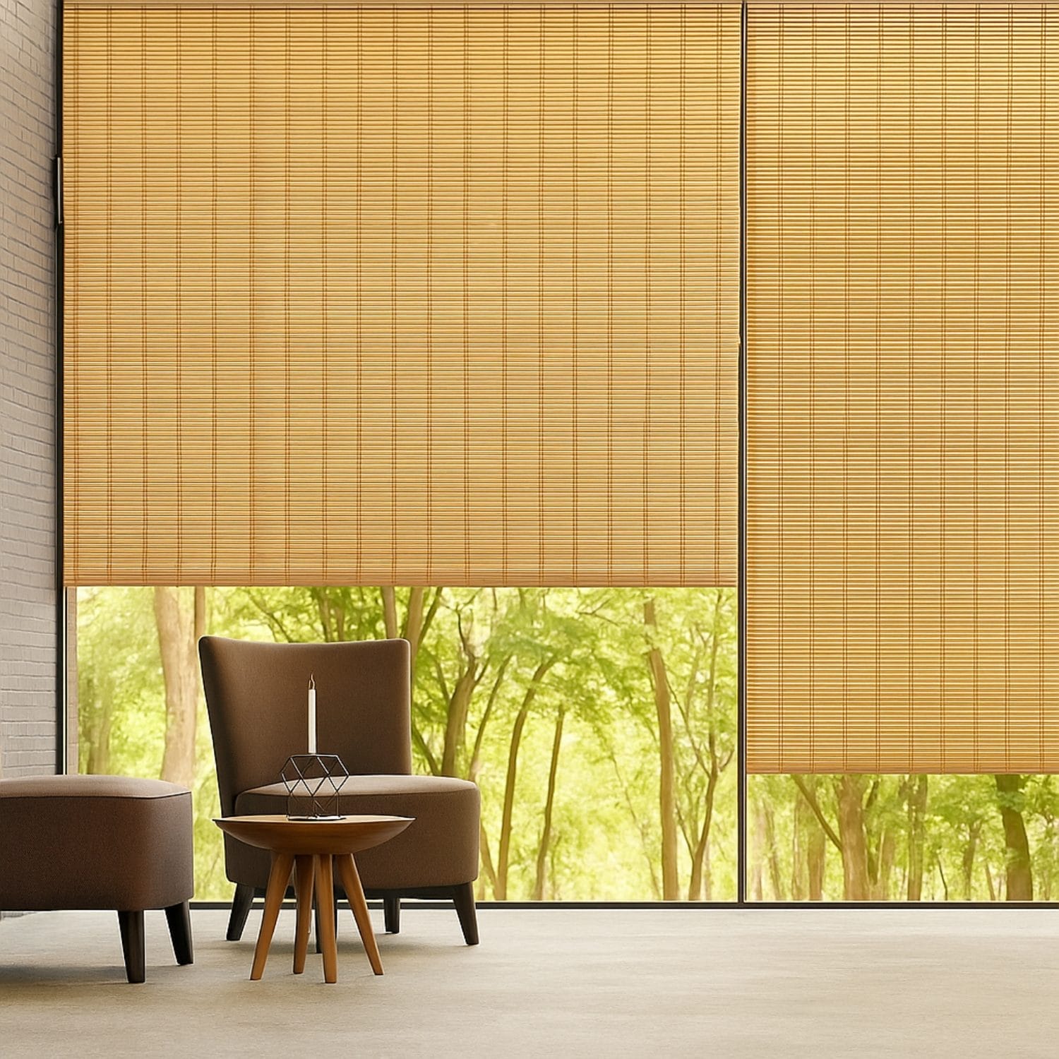 Tende bamboo naturali per interni su grandi finestre con vista esterna