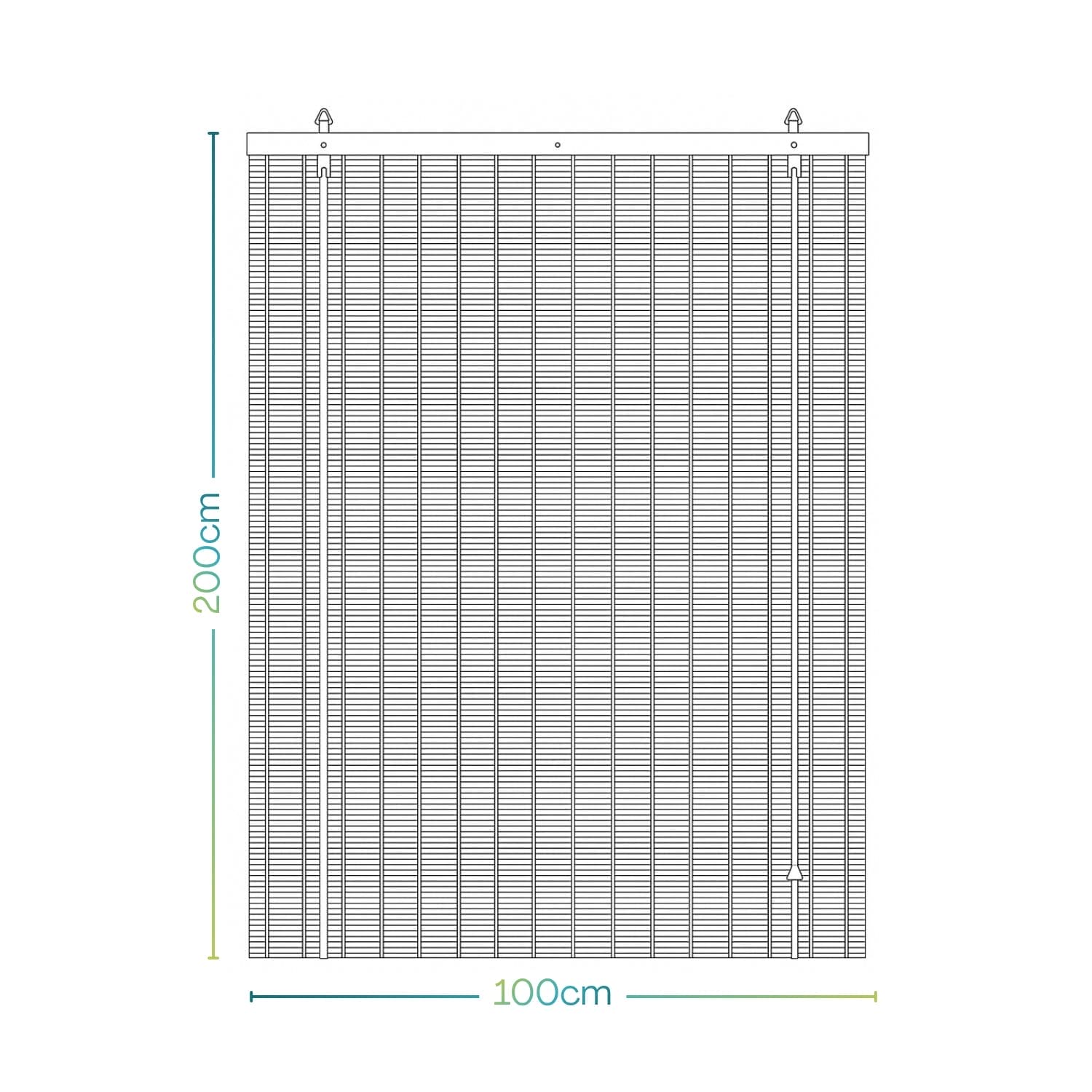Disegno tecnico tenda bamboo 100x200 cm con misure e ganci superiori