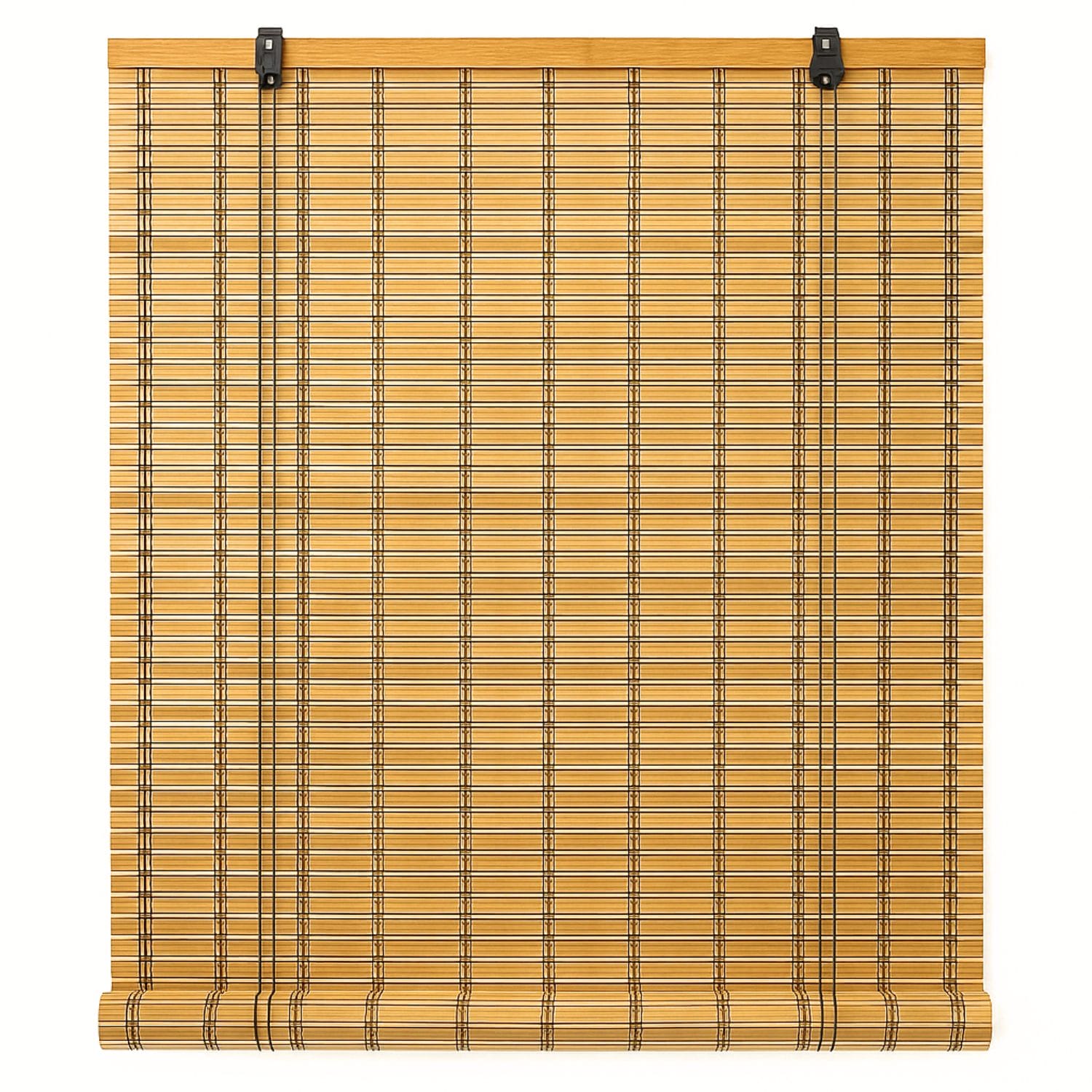 Tenda-bamboo-principale Tenda in bambù naturale con carrucola e ganci metallici su sfondo bianco