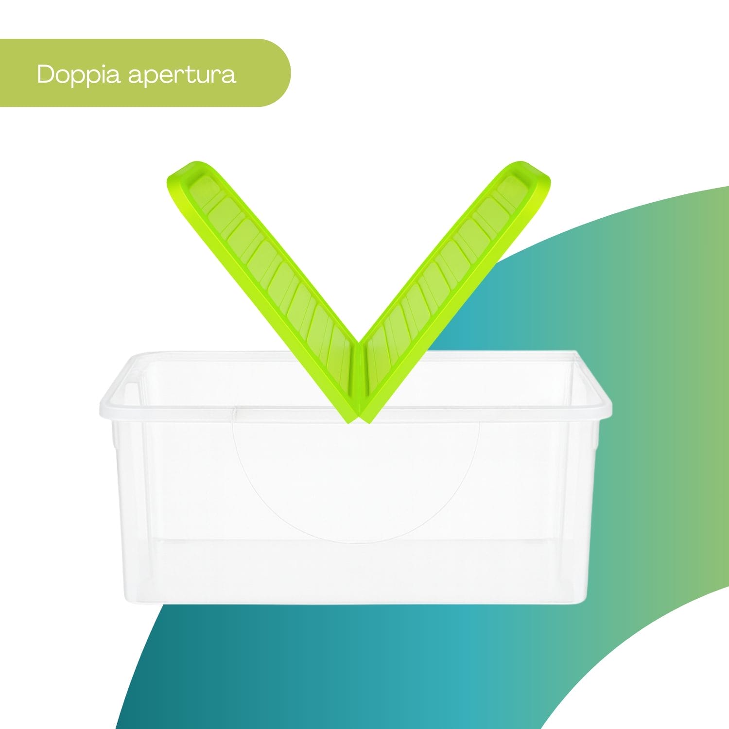 Contenitore plastica trasparente con coperchio verde a doppia apertura