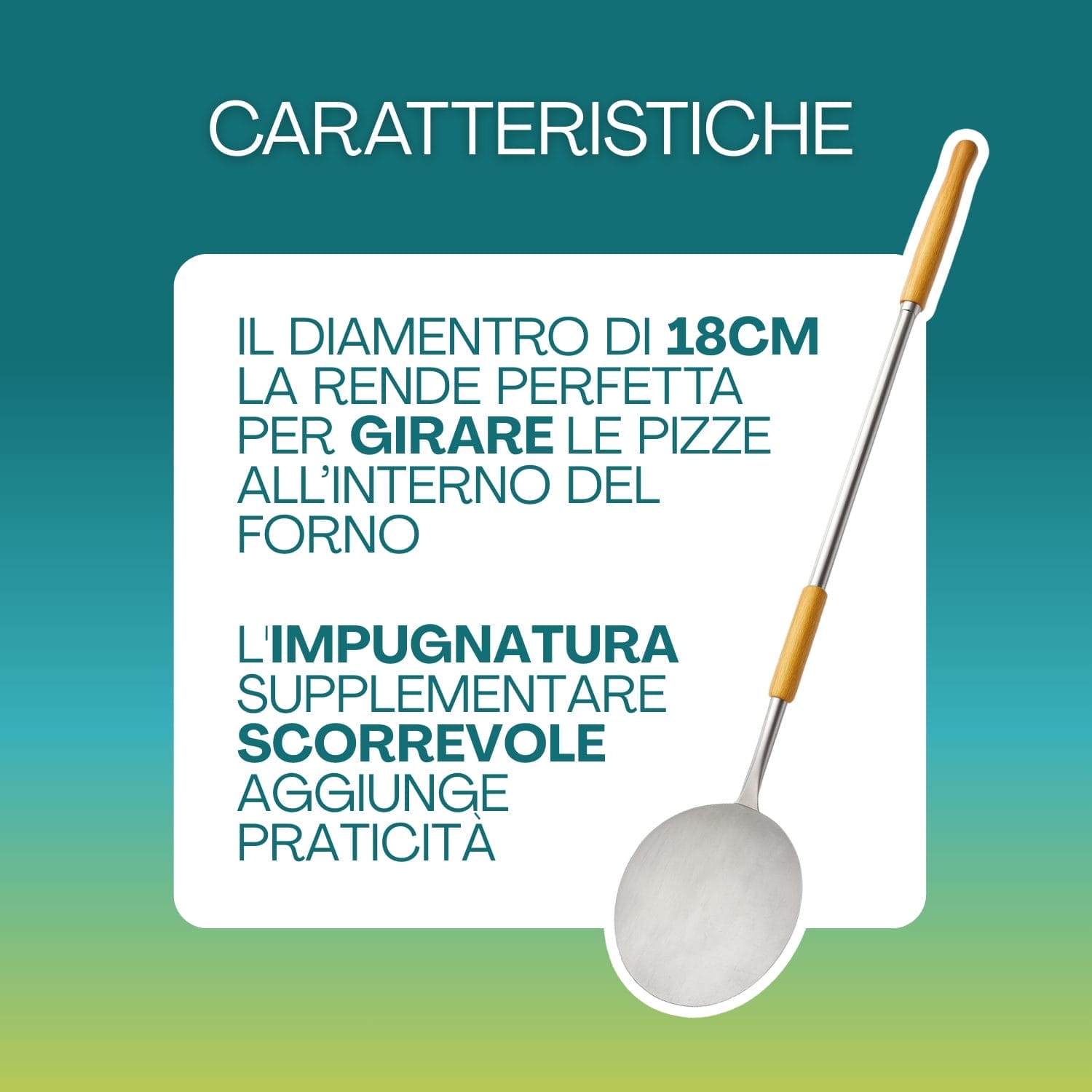 Pala pizza 18 cm con manico in inox e impugnatura scorrevole in legno di faggio