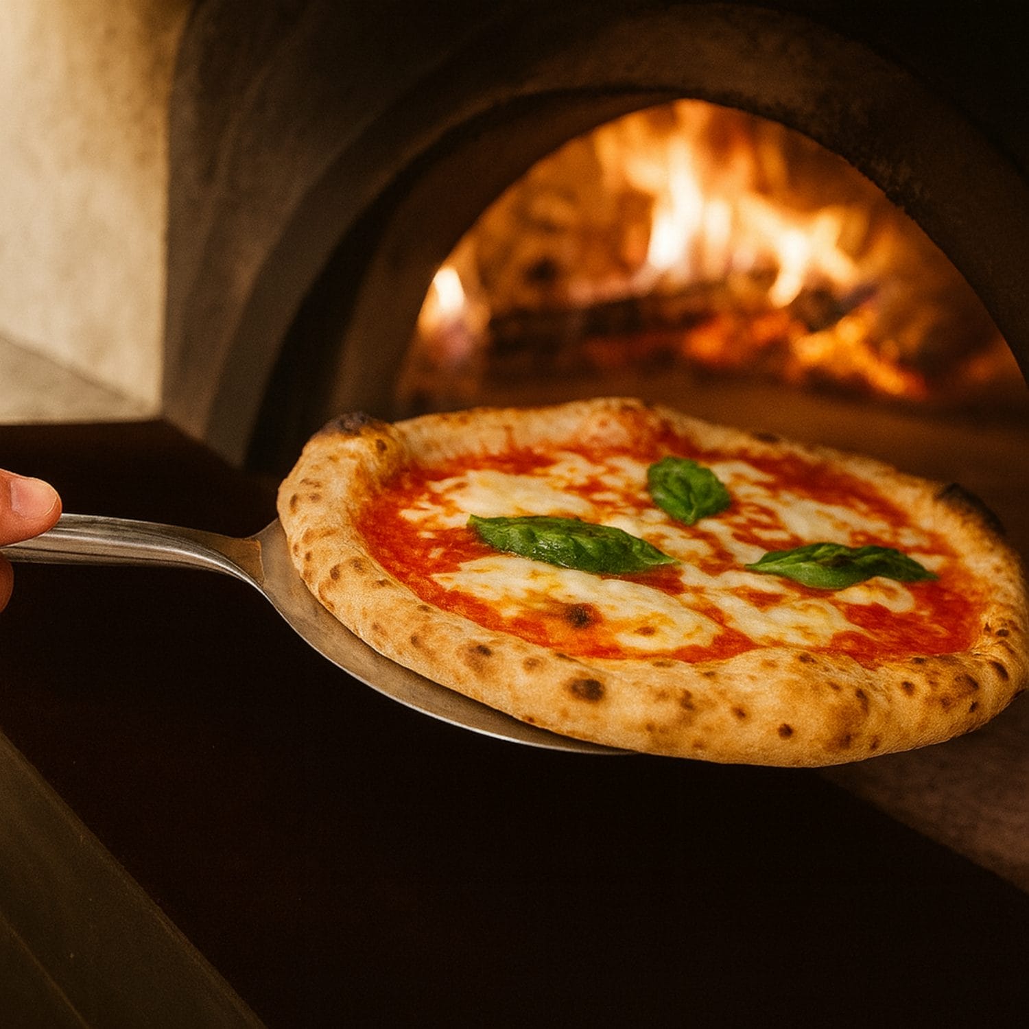 pala pizza coreografica Pala pizza in acciaio inox che estrae una pizza dal forno a legna