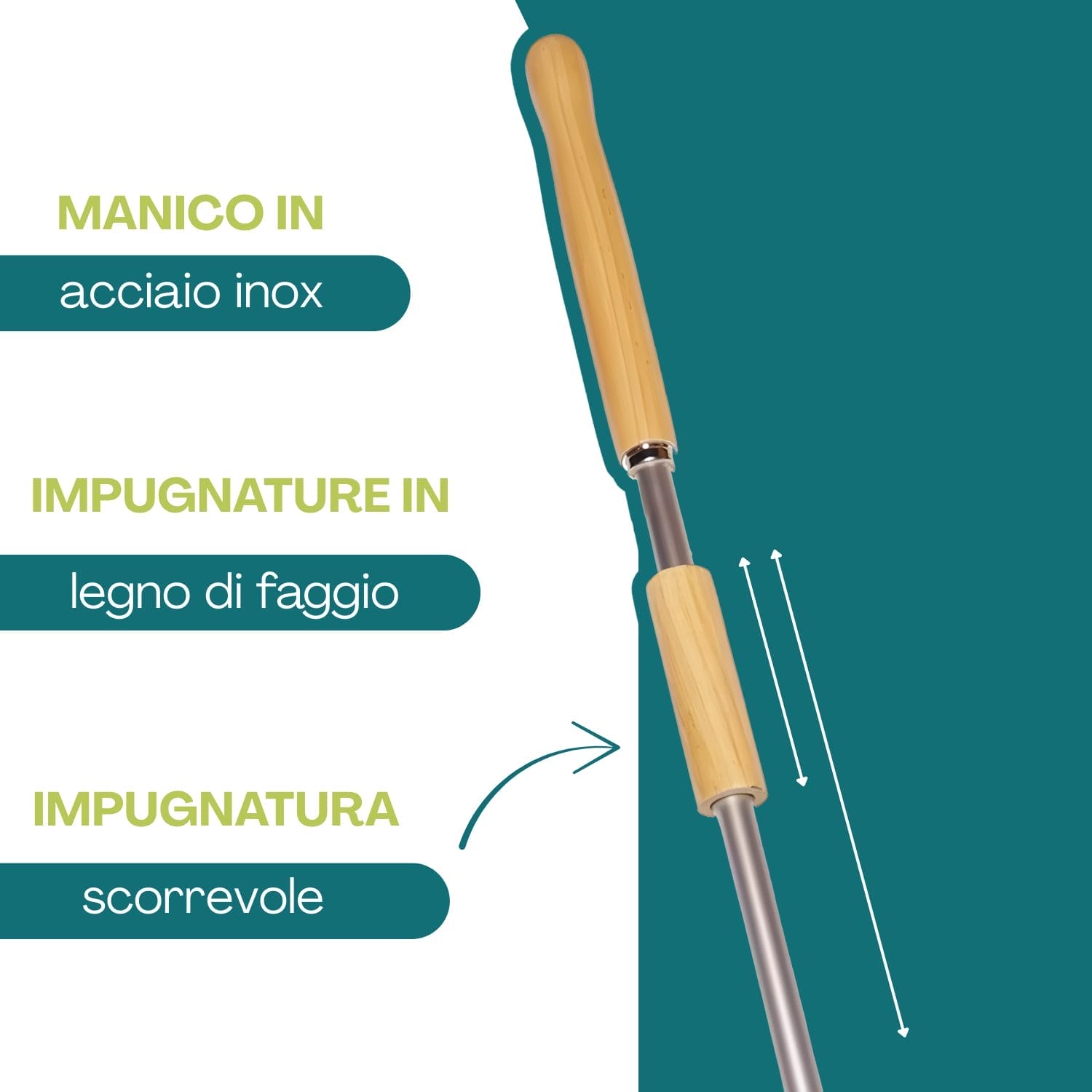 Dettaglio manico inox con impugnature in legno di faggio e presa scorrevole