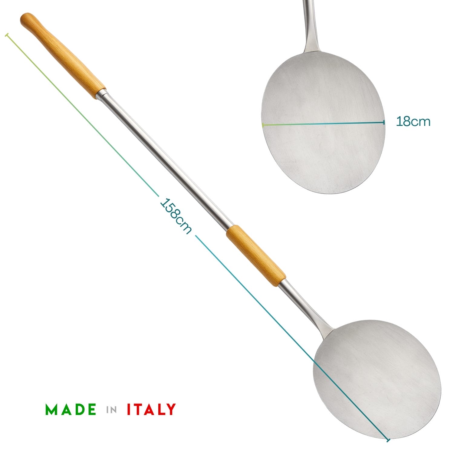 Pala pizza 158 cm con testa da 18 cm e impugnatura scorrevole in legno