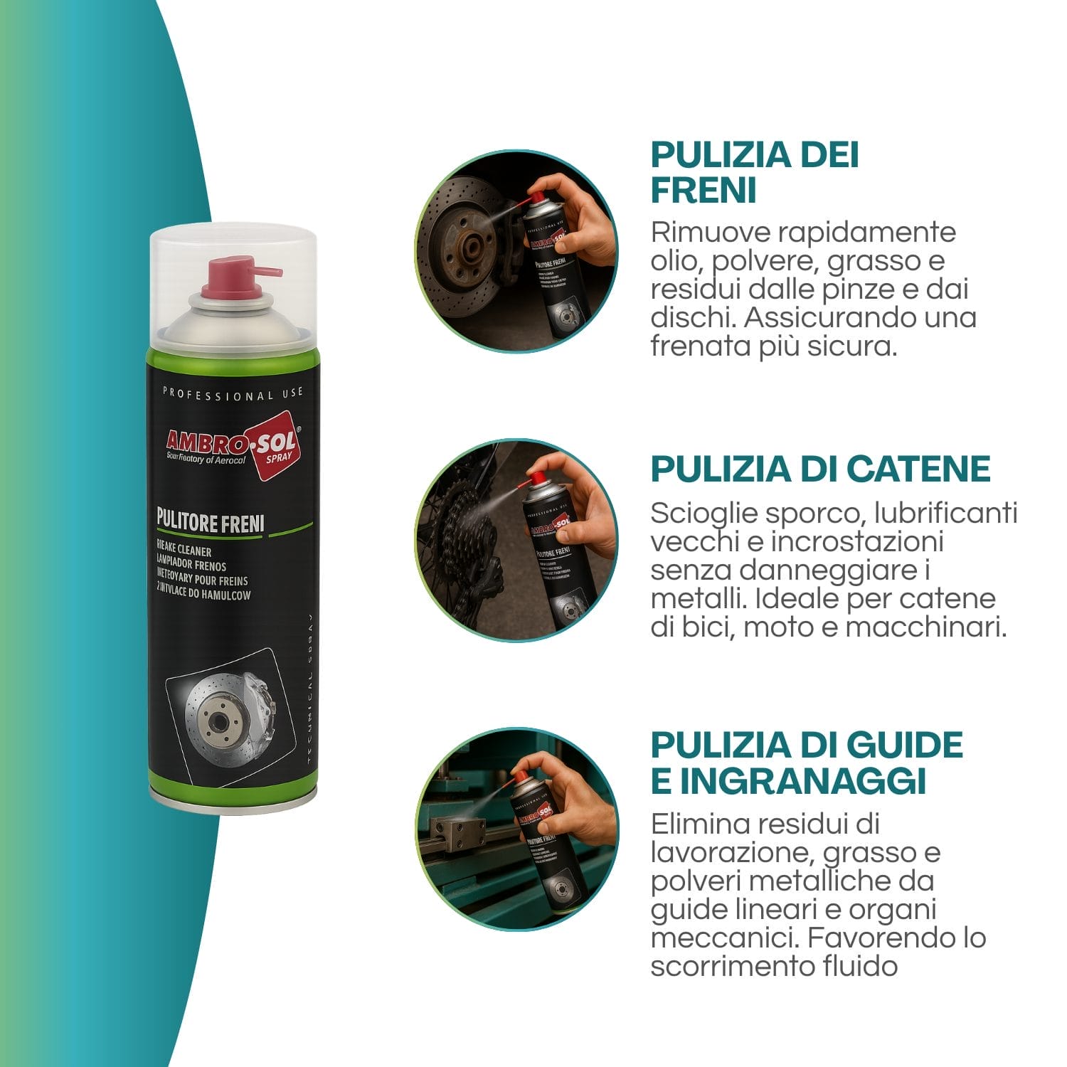 Pulitore freni Ambro-Sol per freni, catene e guide meccaniche con azione sgrassante