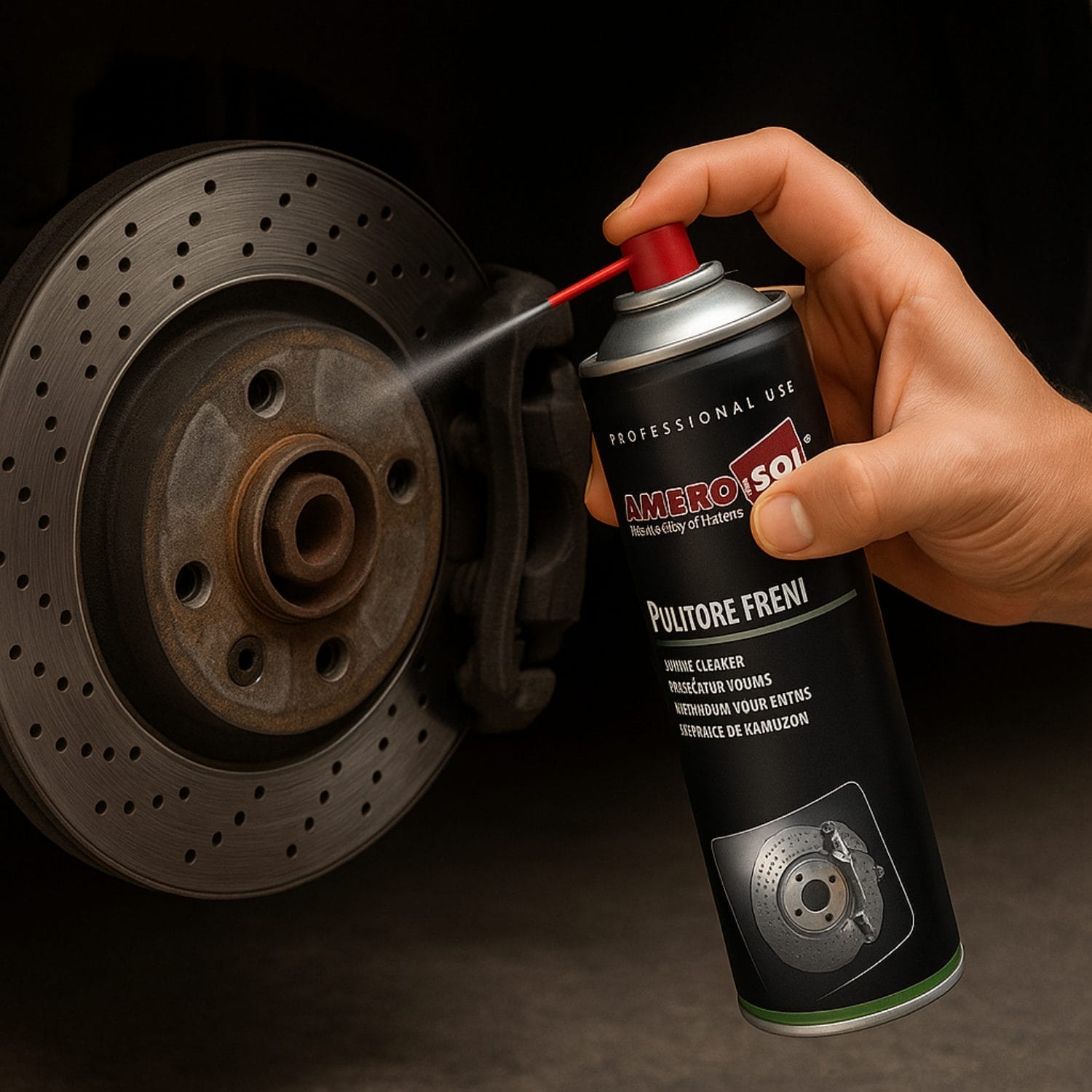 Pulitore freni Ambro-Sol spray applicato su disco freno per rimuovere olio e residui