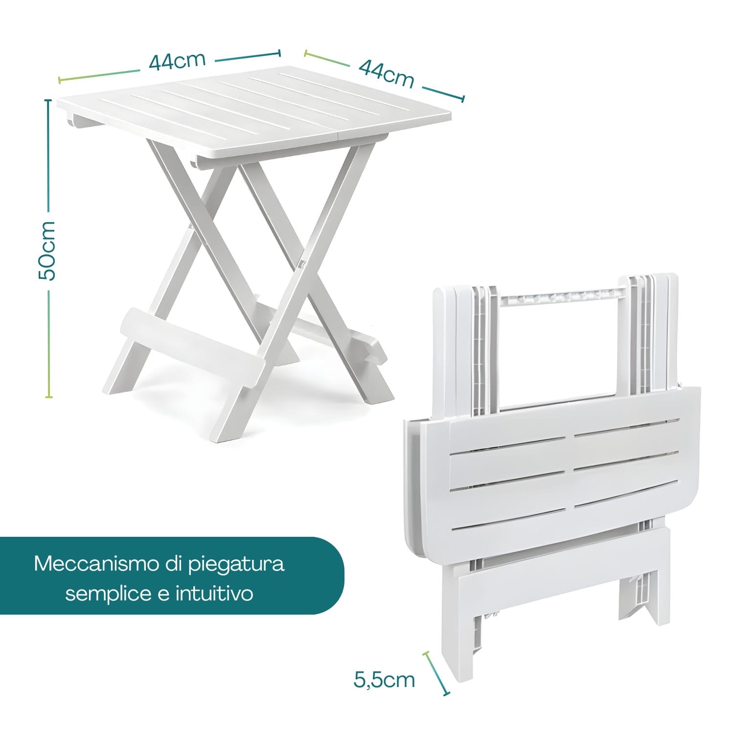 Tavolino pieghevole 44x44x50 cm con meccanismo di chiusura compatto 5,5 cm