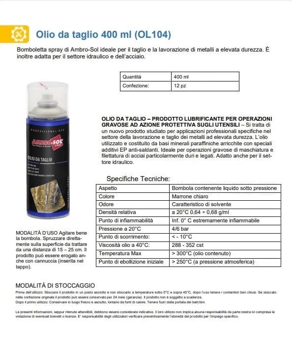 Olio da taglio Ambro-Sol 400 ml in bomboletta spray per lavorazione e taglio metalli