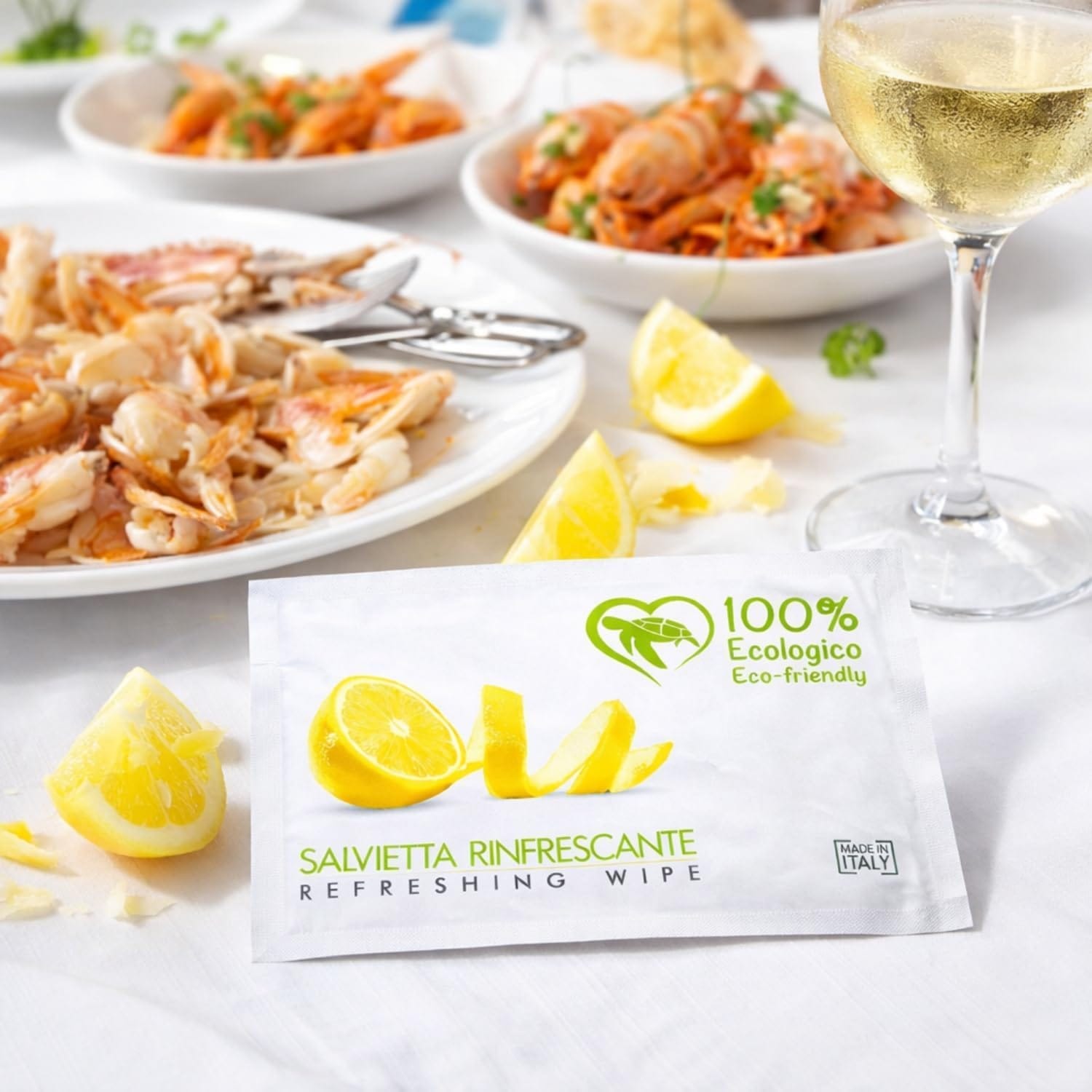 Salvietta rinfrescante al limone biodegradabile su tavolo ristorante con pesce e vino