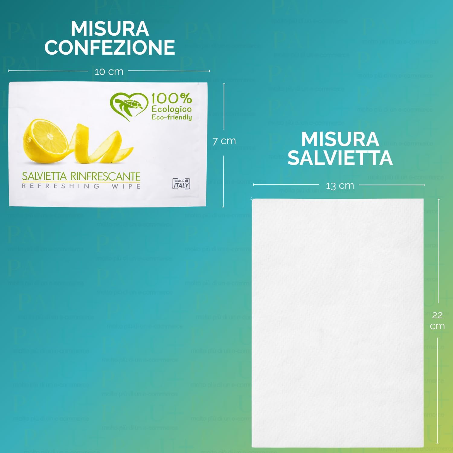 Dimensioni salvietta 13x22 cm e confezione 7x10 cm monouso