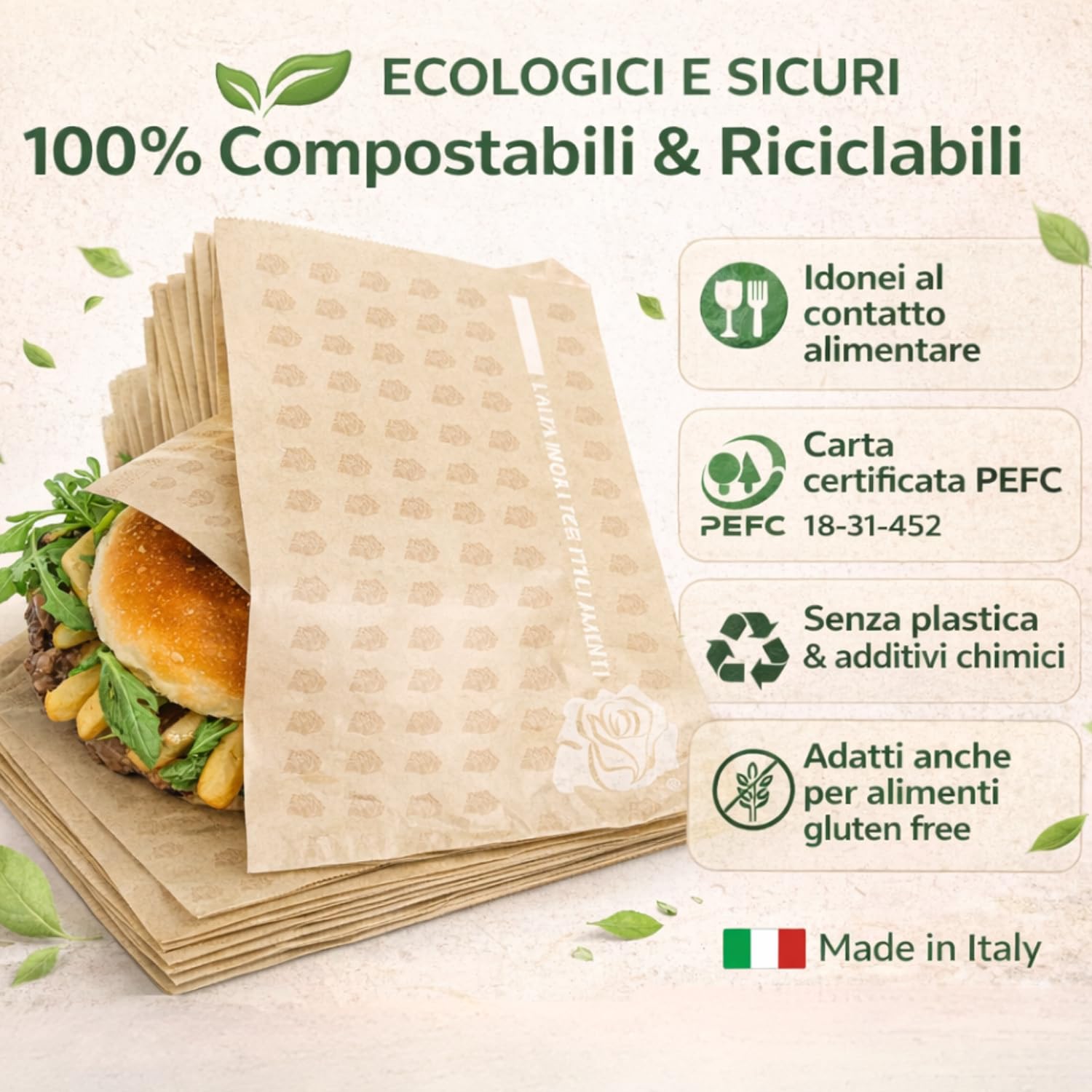 Sacchetti alimentari ecologici compostabili e riciclabili in carta certificata PEFC