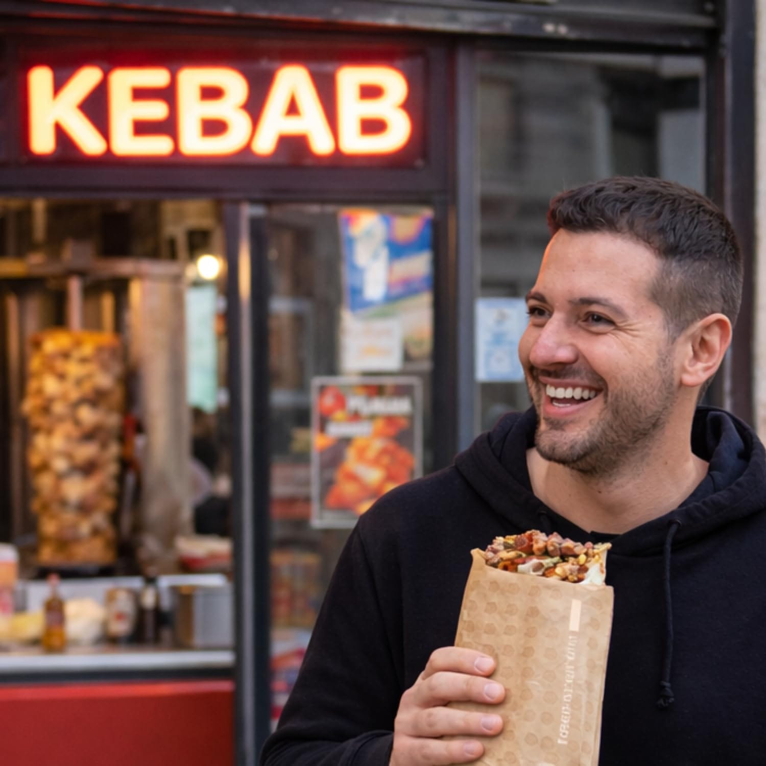Kebab da asporto avvolto in sacchetto antigrasso davanti a kebabberia