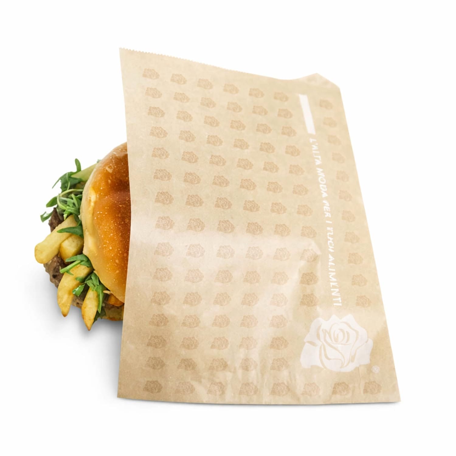 Panino imbottito avvolto in sacchetto antigrasso in carta oleane avana