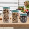 Set 3 barattoli vetro per alimenti da 1000ml 660ml 625ml con scritte e coperchi turchesi