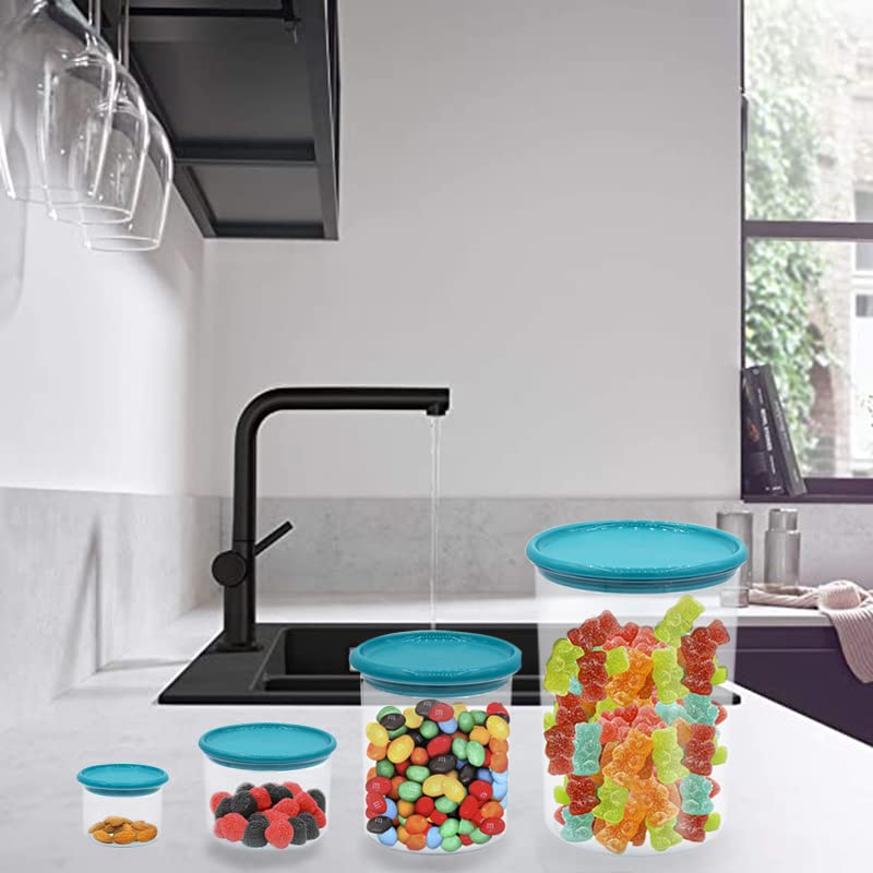 Set 4 barattoli plastica trasparente con coperchio turchese ermetico
