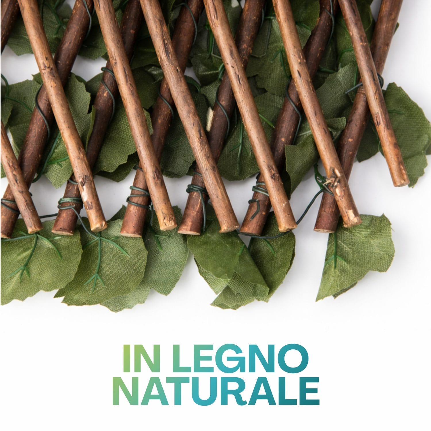 Struttura traliccio estensibile in legno naturale con foglie artificiali decorative