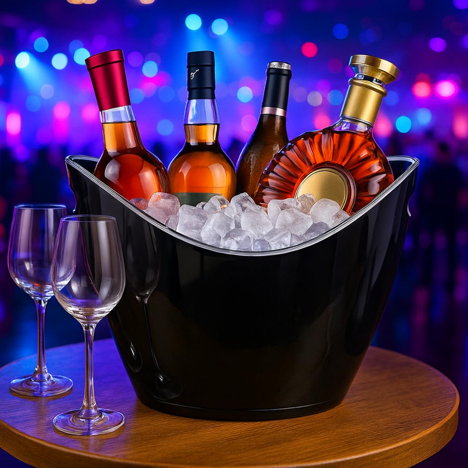Portaghiaccio ovale nero con bottiglie e ghiaccio, ideale per feste e bar